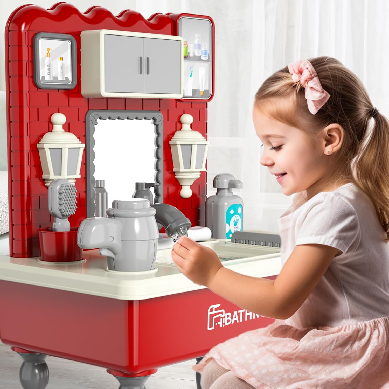 Lucky Doug Juguetes de fregadero de juguete para niños, lavabo de baño con agua corriente, juego de tocador con espejo y taburete para niñas de 3,