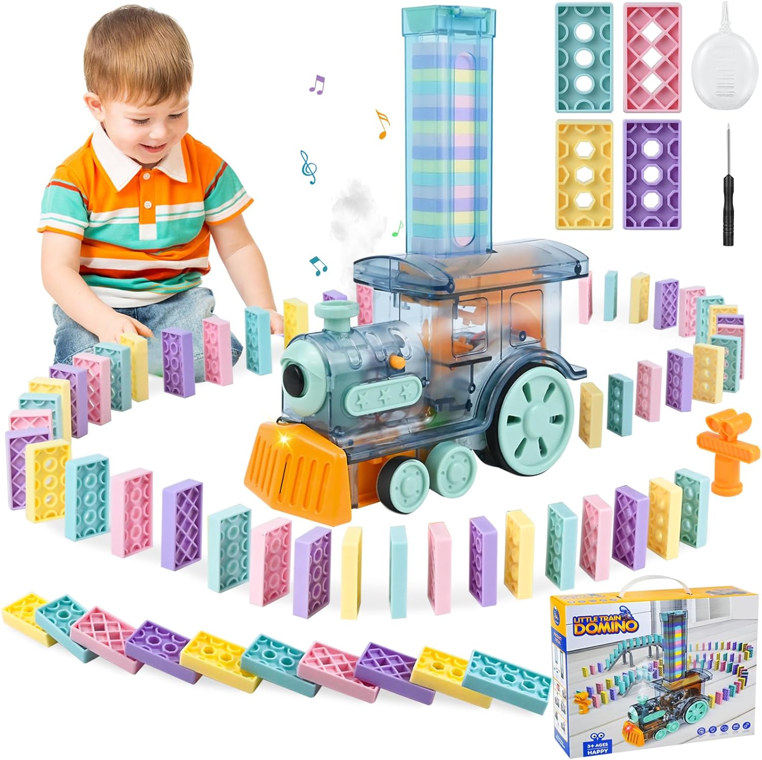 Neragron Juego de juguetes de tren de dominó para niños, 80 piezas de bloques de dominó de tren eléctrico con vapor, luces y música, juguete