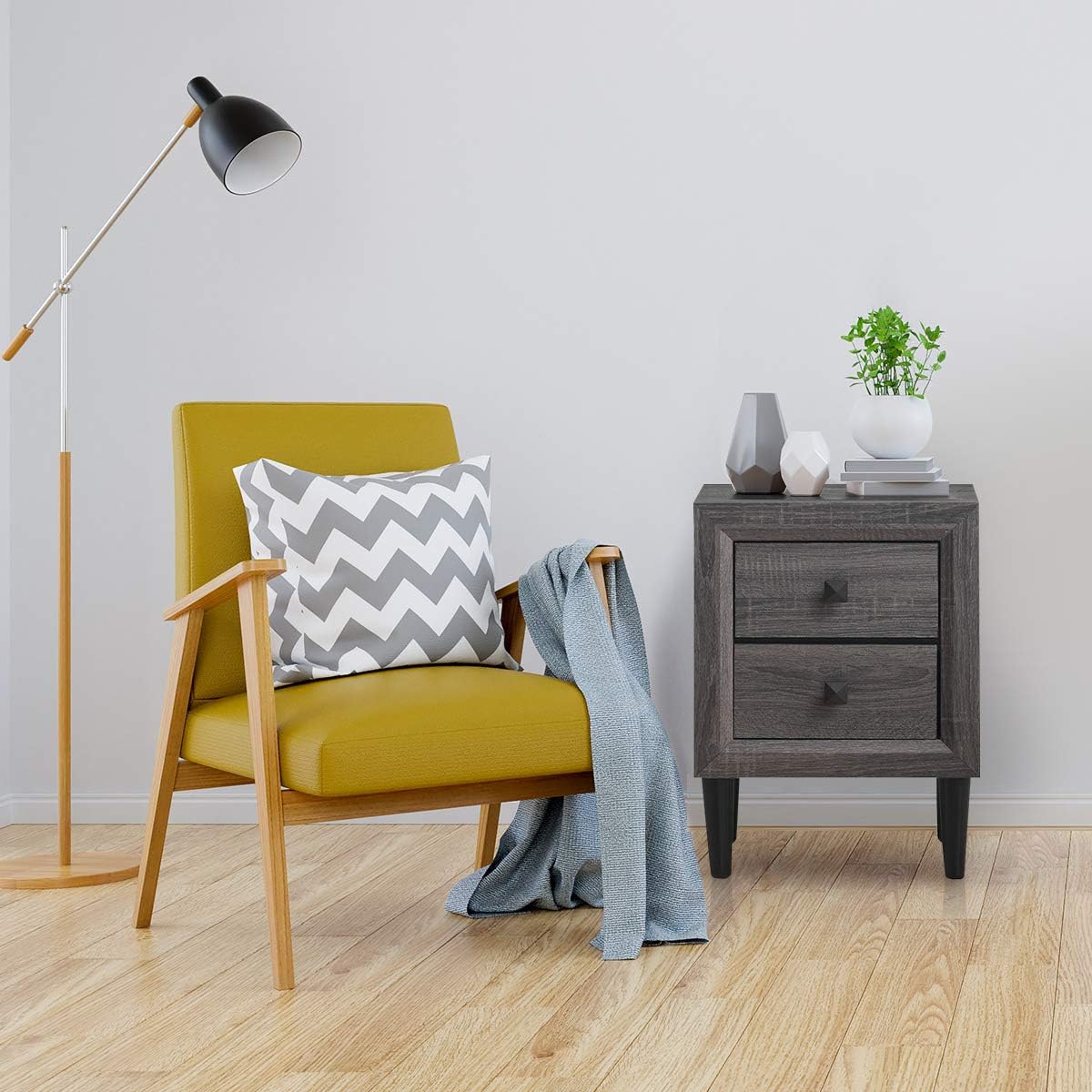 Giantex Mesita de noche de madera con dos cajones de almacenamiento y asas, material impermeable para dormitorio, sala de estar (1)