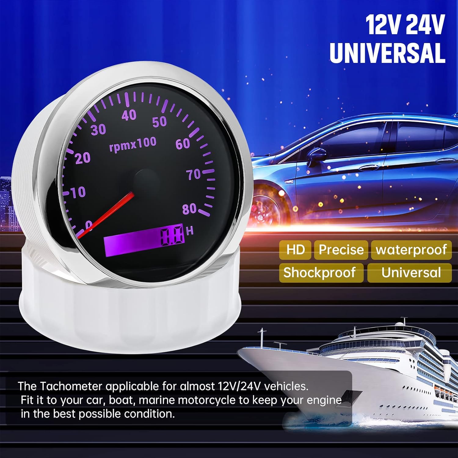 ARTILAURA Tacómetro 3.346 in 3-38 pulgadas, medidor de tacómetro de barco, 7 colores, LED, RPM, tacometro, tacómetros de repuesto automotriz, 8000