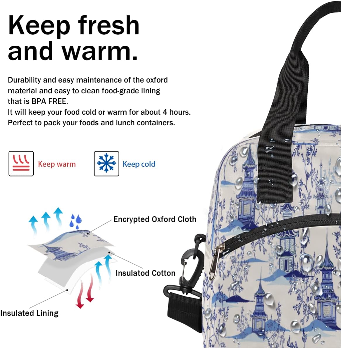 Bolsas de almuerzo con diseño de pagodas chinas de tinta, bolsa aisladaenfriadora para mujeres, hombres, niñas, niños, estilo chinoiserie, bolsa de