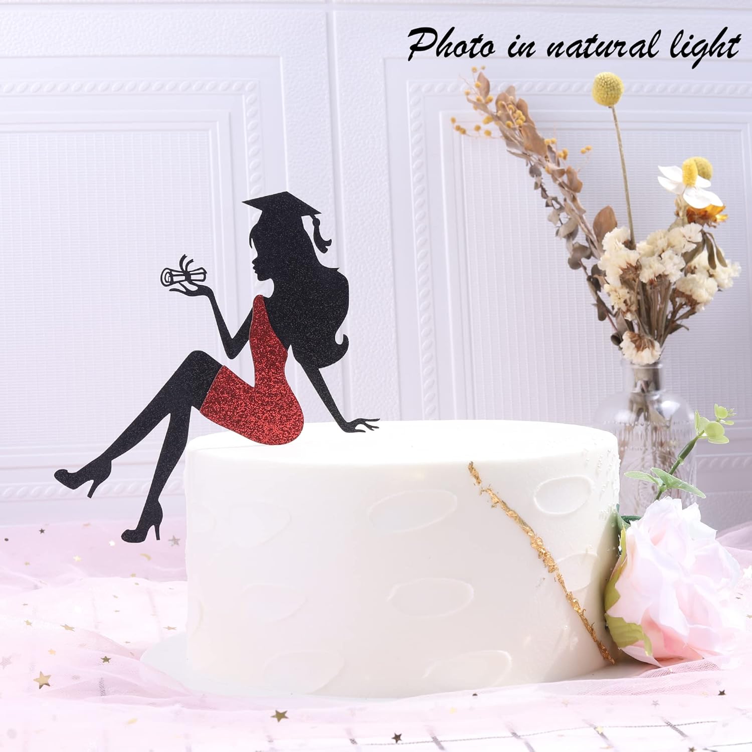 1 pieza de decoración para pastel de graduación 2024 con tapa de graduación con purpurina, diploma de tacón alto para niña, selección de pastel de