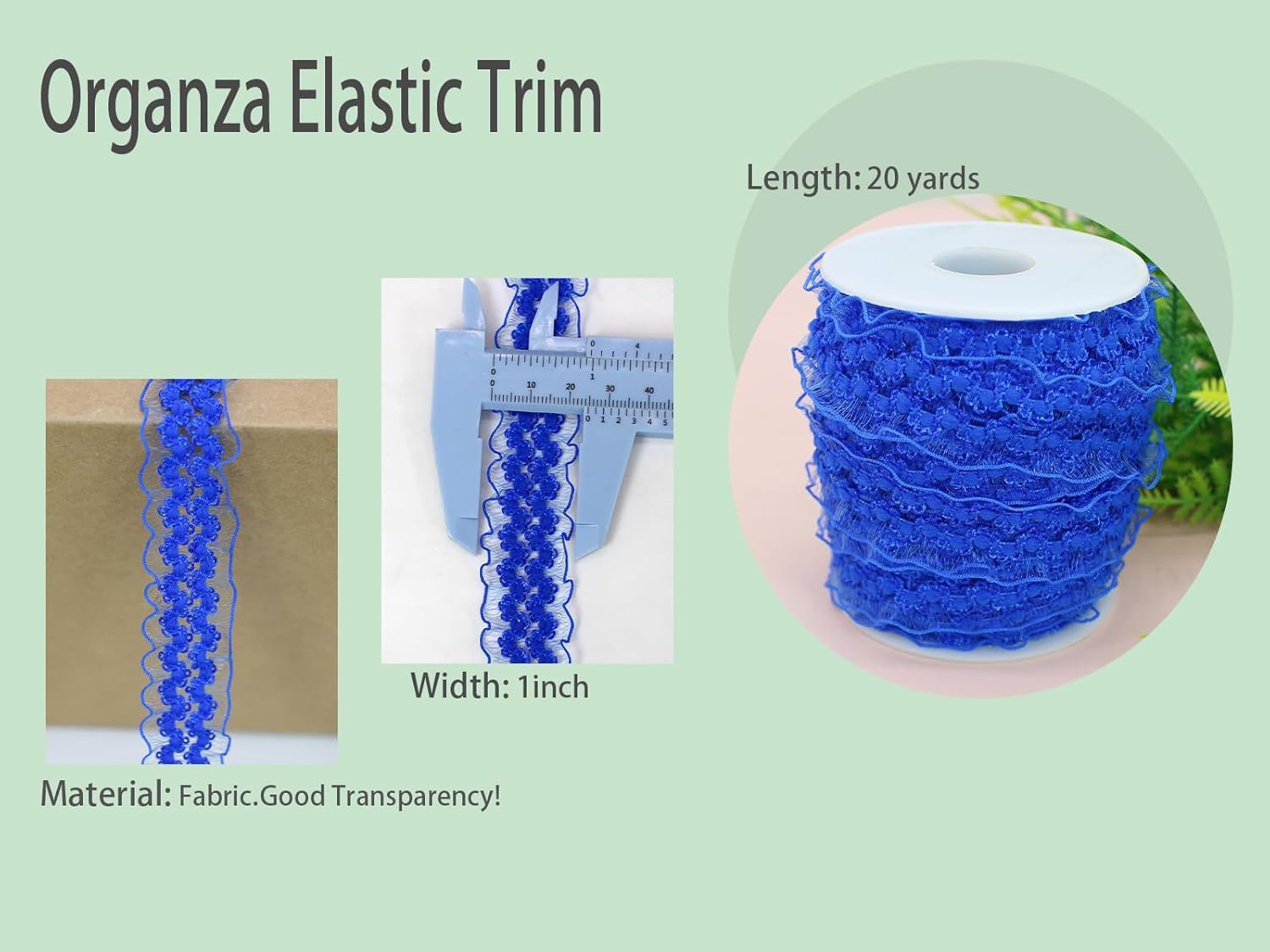 20 yardas, color azul real, doble volantes, ribete de organza elástico para manualidades, banda de encaje elástica, ropa y ropa para bricolaje,