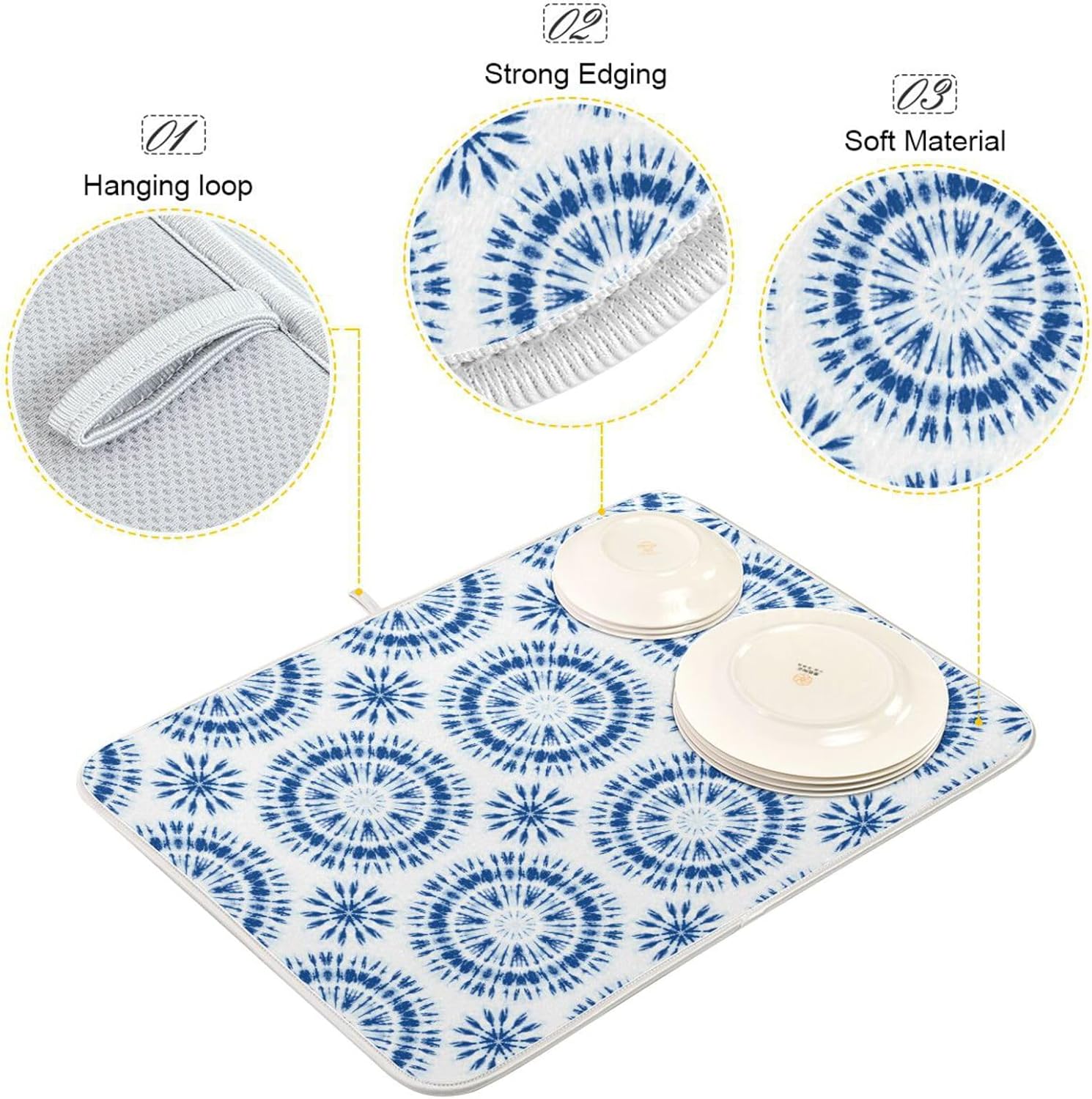 Indigo Tiedye Sunburst Dish Mat Washnable Absorbent Kitchen Counter Gadgets Dish Drainer Mats Tapete Para Cocina 16” x 18”