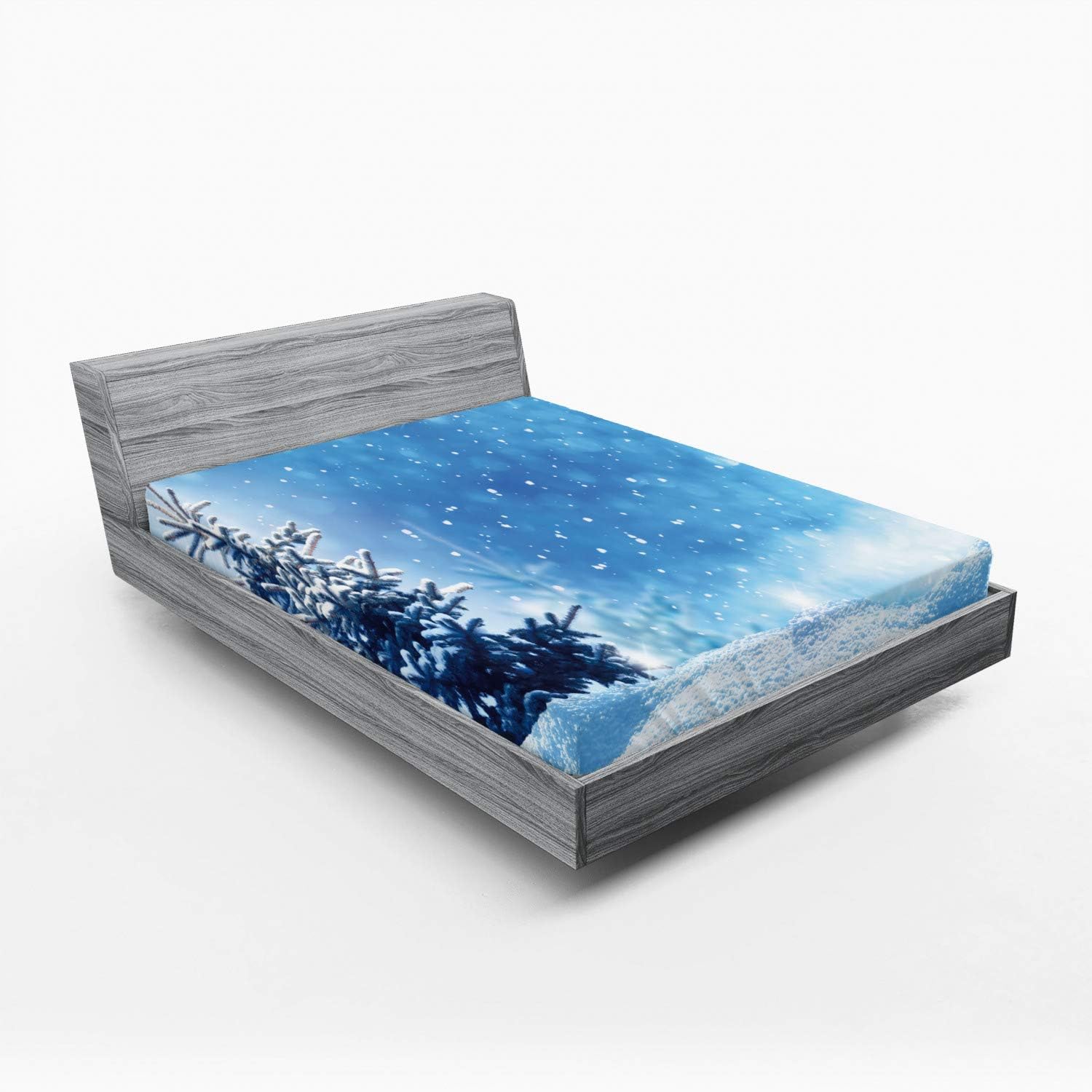 Ambesonne Sábana bajera ajustable de invierno, temporada nevada del año, copos de nieve de pino congelado que caen, ropa de cama de tela decorativa