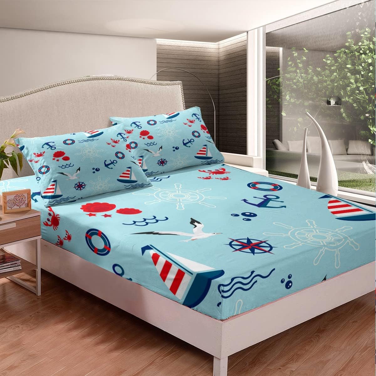 Homewish Anchor Fitted Sheet Twin,Sailboat Nautical Bedding Set 2pcs for Kids Teens Boys Girls Room Decor,Crab Seagull Bed Cover Ocean Blue Bed