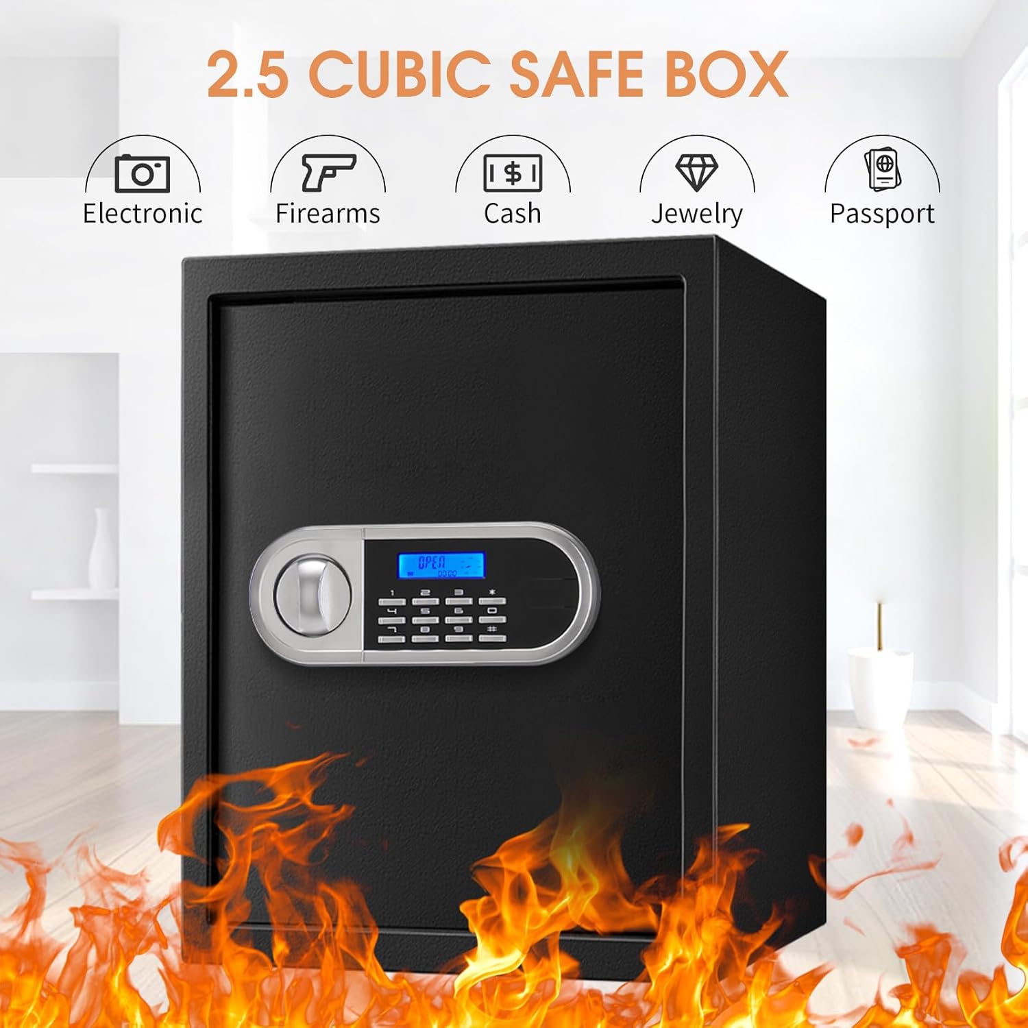 Caja fuerte de seguridad digital para el hogar de 2.5 pies cúbicos, impermeable, con teclado programable y estante extraíble, para documentos,