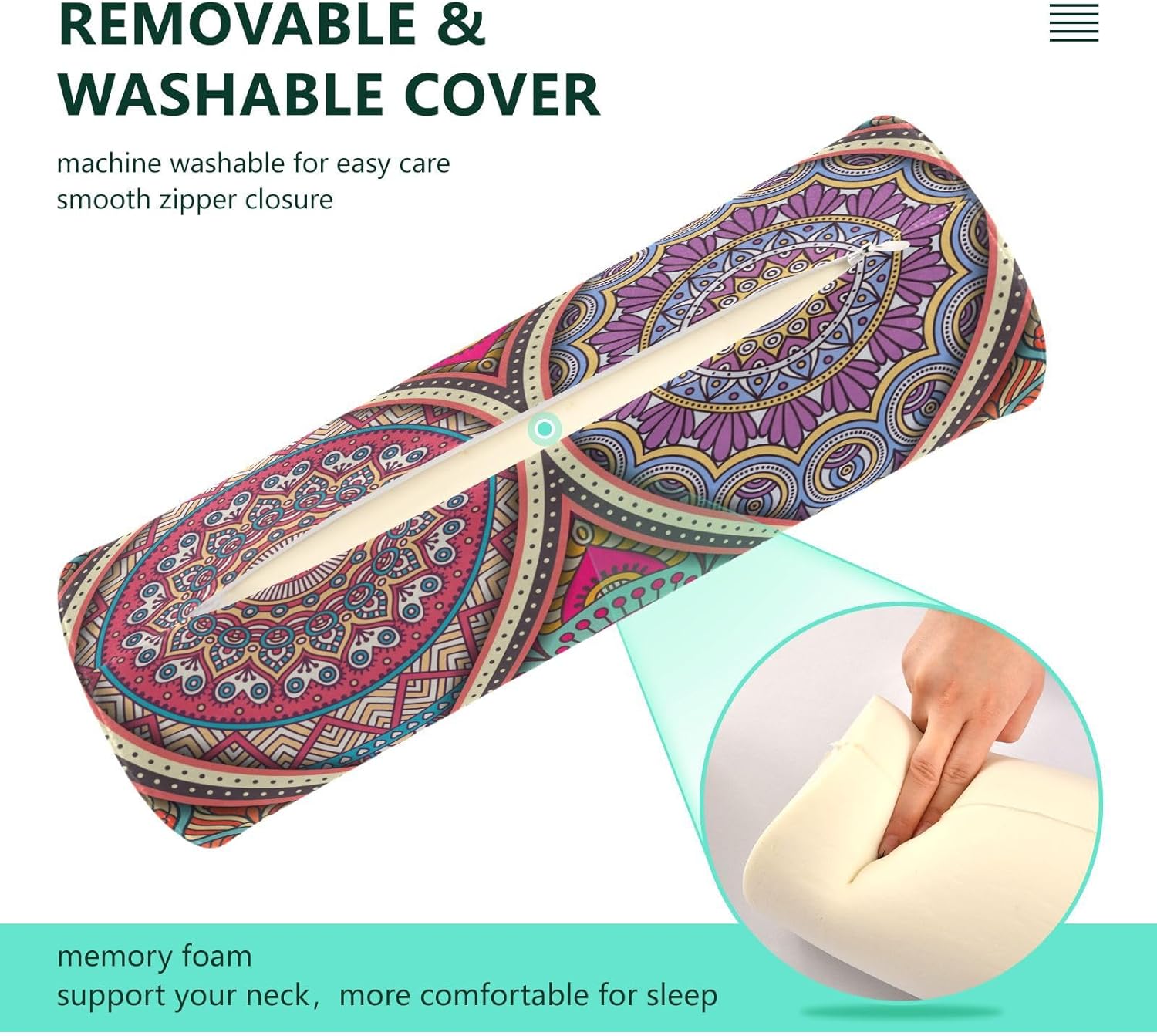Kigai Almohada cervical para aliviar el dolor de cuello, mandala bohemio, rollo de espuma viscoelástica, almohada cervical redonda para piernas,