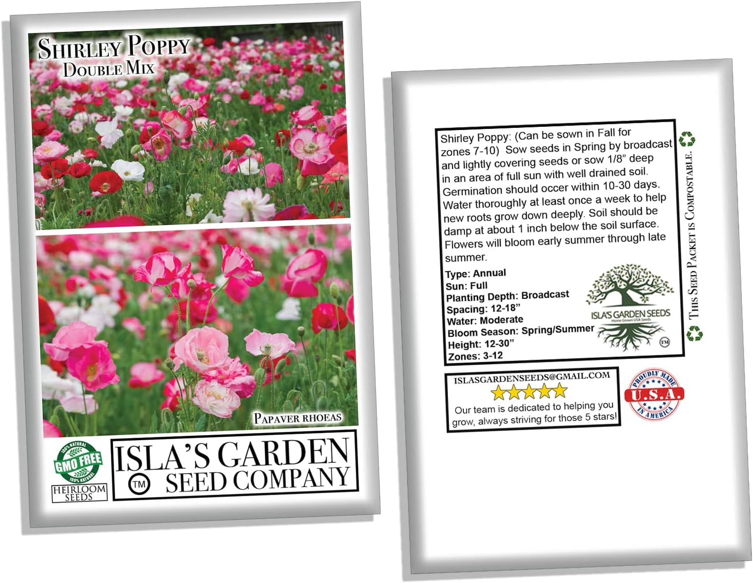 Semillas de amapola “Double Shirley Mix” para plantar, más de 3000 semillas de flores por paquete, semillas de jardín de Isla (semillas de jardín de