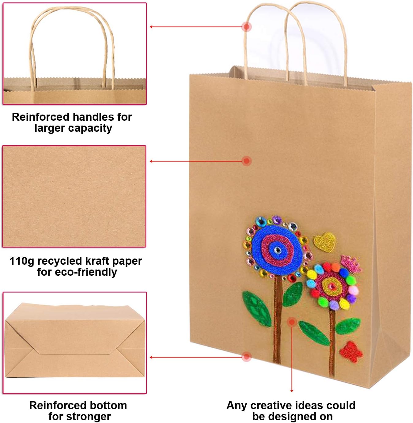 CAYUENG Bolsas de papel kraft de 10 x 5 x 13 pulgadas, 100 bolsas de regalo marrones con asas, bolsas de papel liso para compras, bolsas de papel