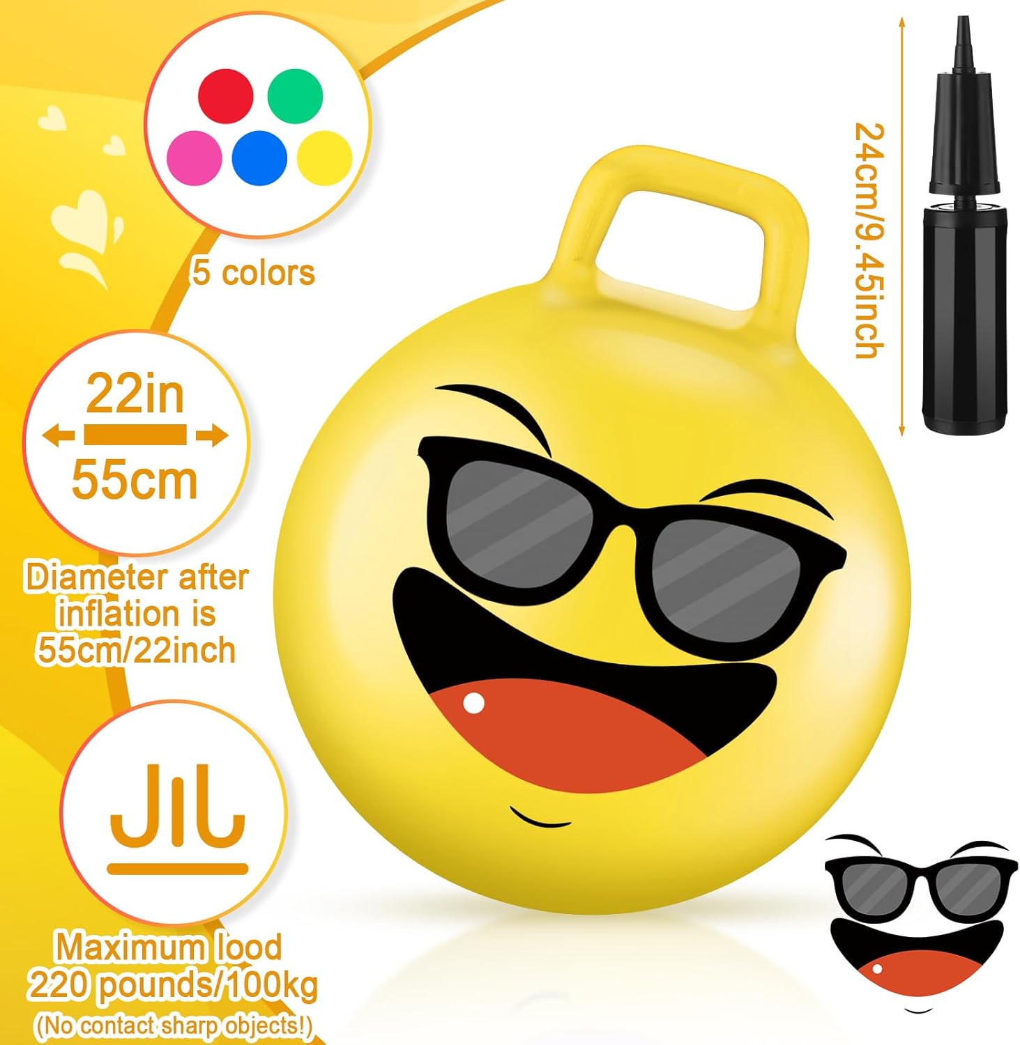 5 pelotas hinchables de 22 pulgadas, bola de salto de hippity hop, pelota de goma con asa, inflable, 5 expresiones divertidas, juguetes de salto de