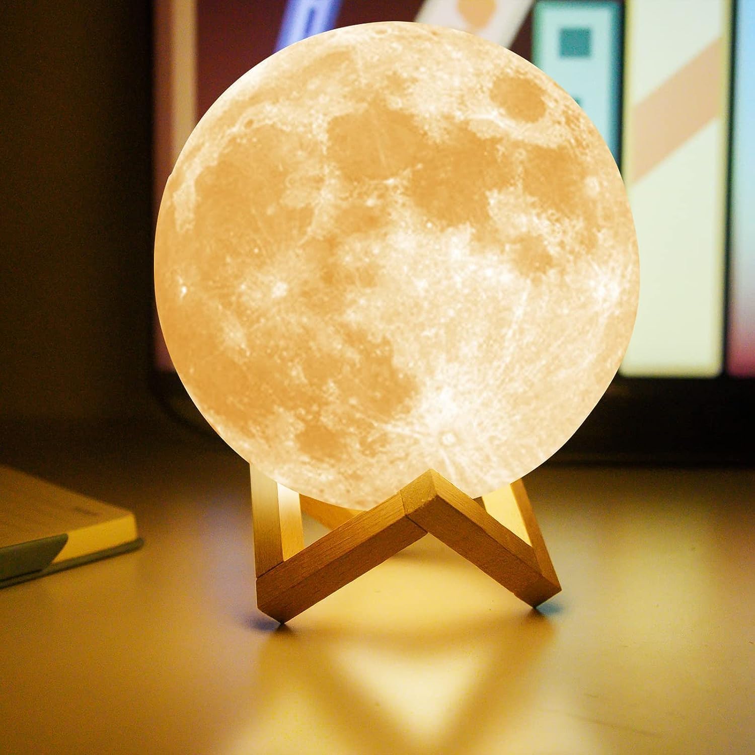 Goodfeel – Lámpara de luna de 4.9 pulgadas, 16 colores LED con impresión 3D, luz de luna con soporte, control remoto y táctil y recargable por USB,
