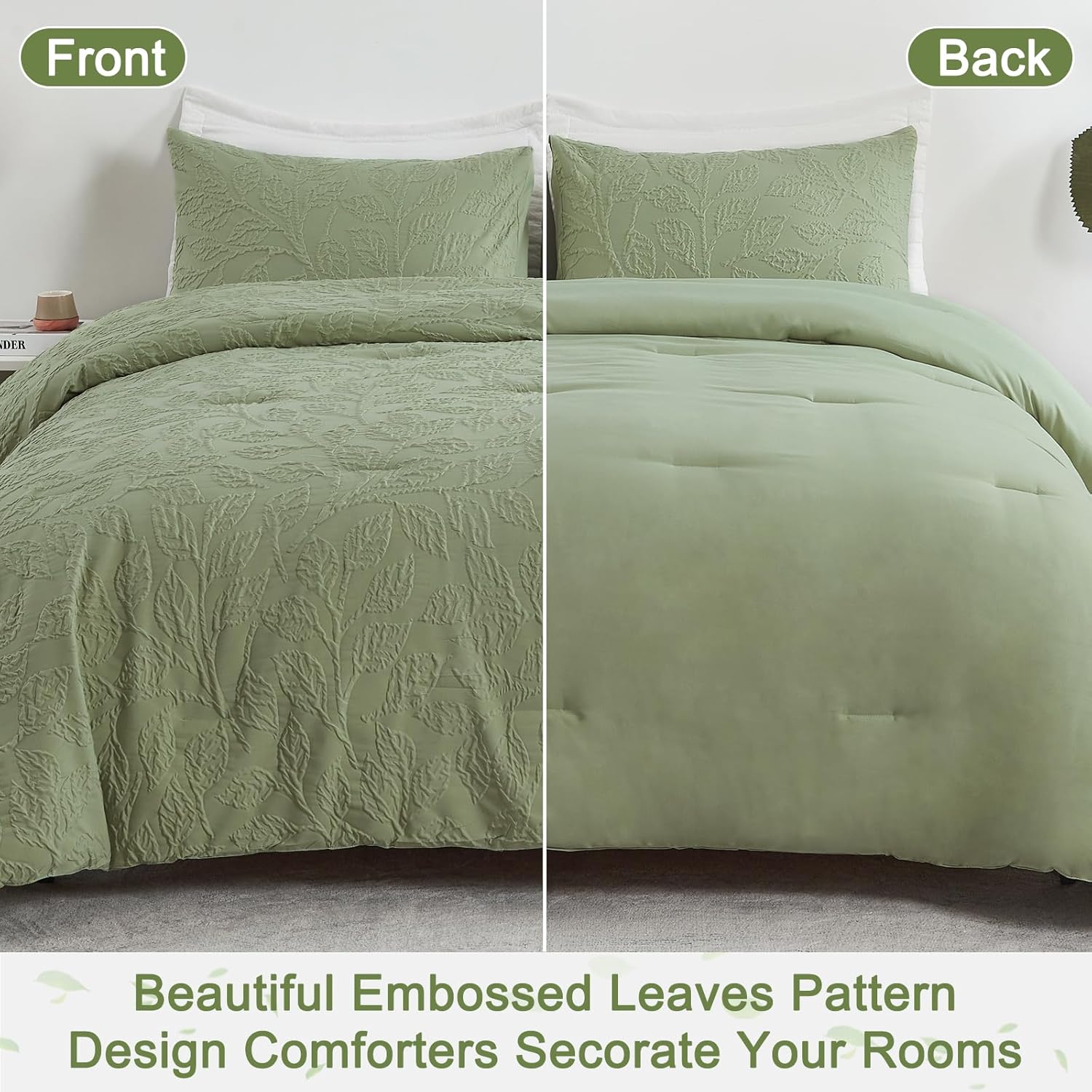 ENCOFT Edredón tamaño King, edredón verde con patrón de hojas en relieve de 3 piezas, con funda de almohada, para todas las estaciones, edredón de