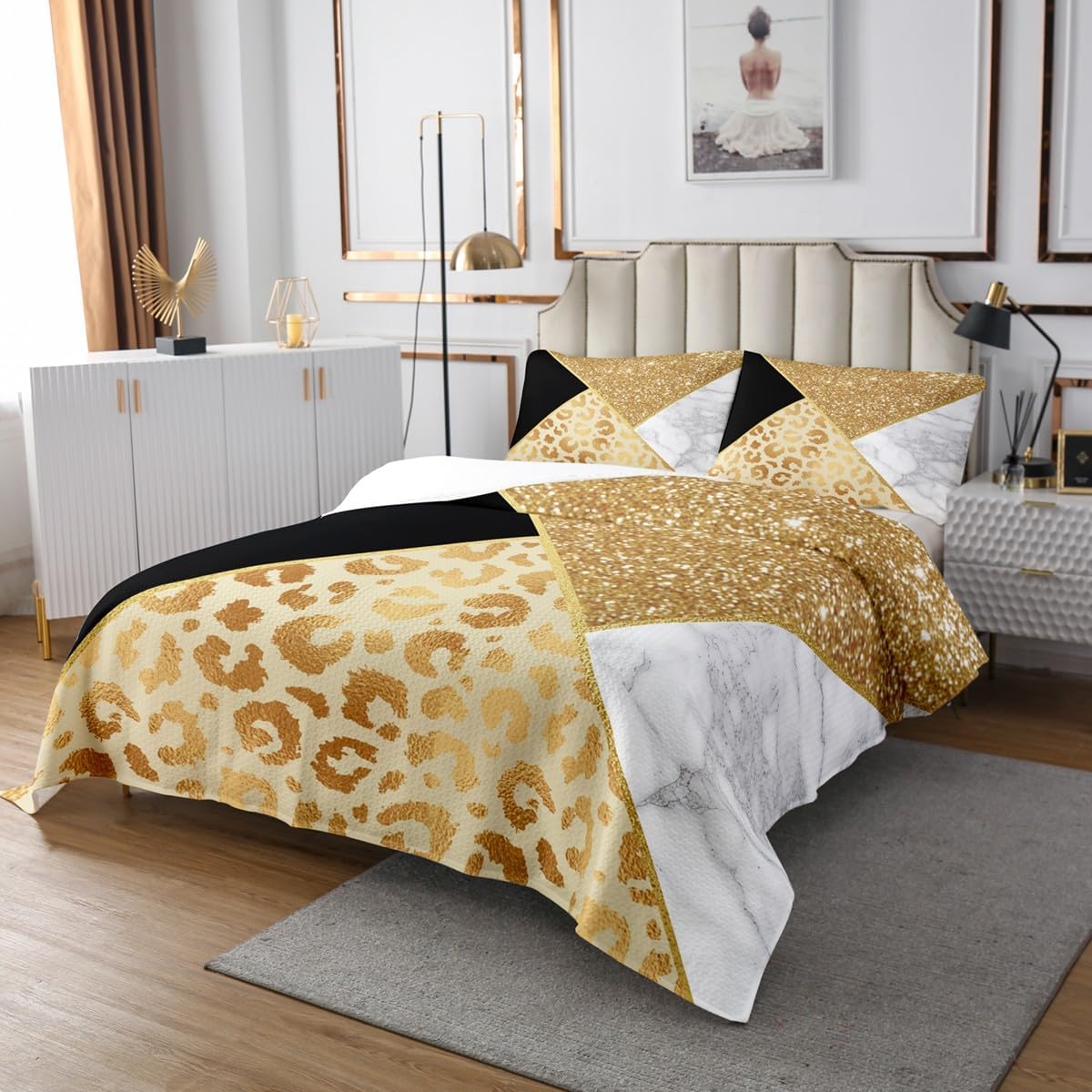 Manfei Colcha de mármol tamaño Queen, purpurina dorada y estampado de leopardo, colcha acolchada con 2 fundas de almohada, juego de colcha de mármol