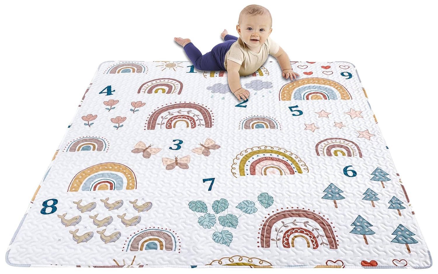 Tapete de juego bohemio arcoíris de 50 x 50 pulgadas para corralito, lavable y portátil, tapete de juego para bebé, antideslizante, plegable, tapete