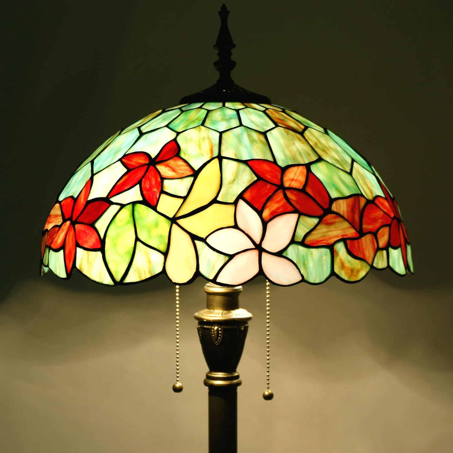 Tiffany – Lámpara de pie con vitrales, 16 x 16 x 70 pulgadas, luz de lectura antigua (flores rojas y verdes)