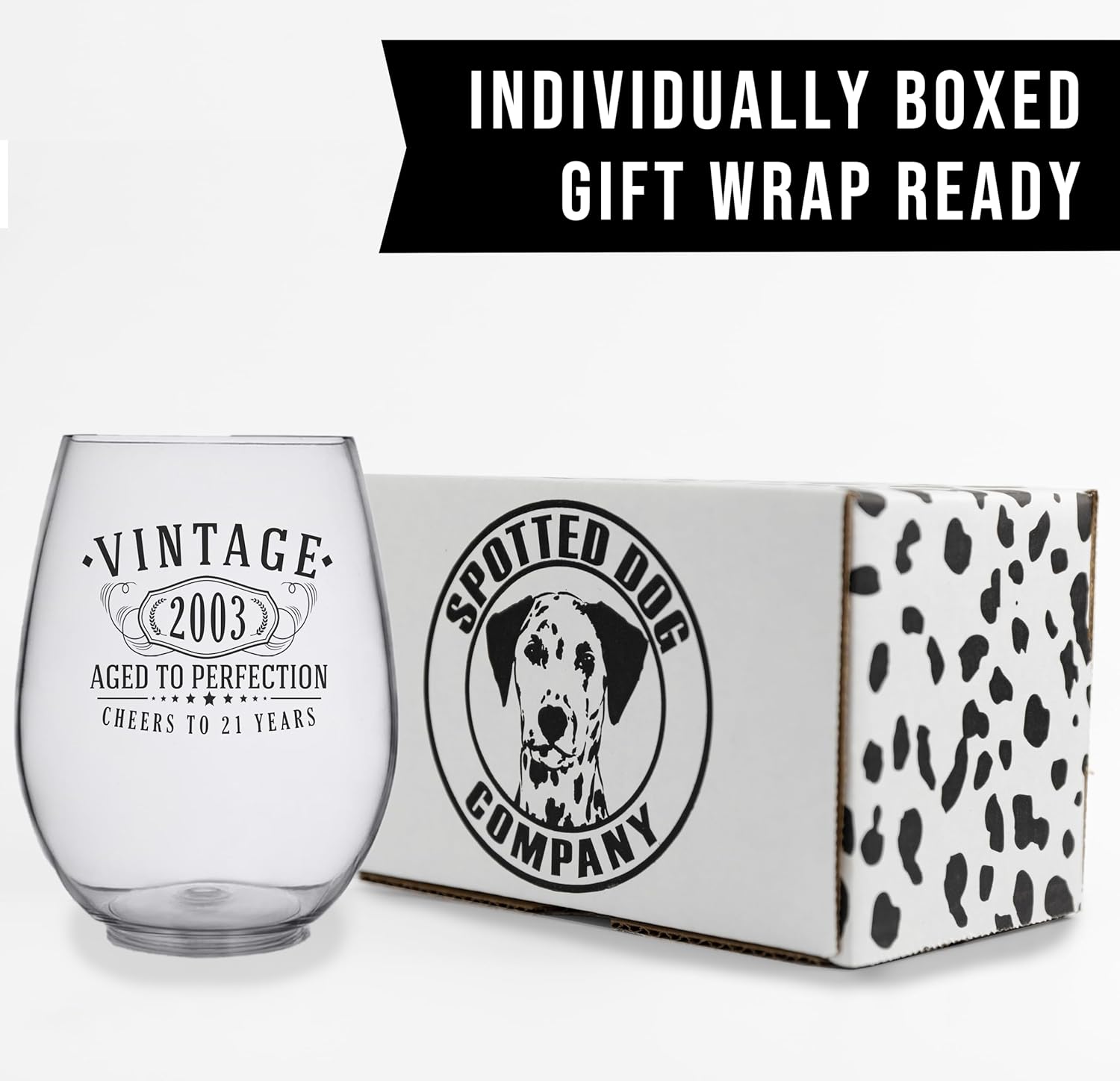 Copa de vino sin tallo vintage 2003 con estampado negro de 17 onzas, regalos de feliz cumpleaños 21 para mujeres y hombres, saludos a 21 años,