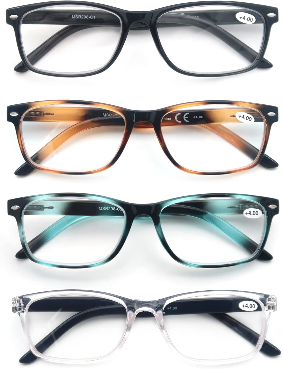 Reading Glasses Women Men Readers 4-Pack,Small Square Glasses for Reading with Flexible Comfortable Spring Hinge