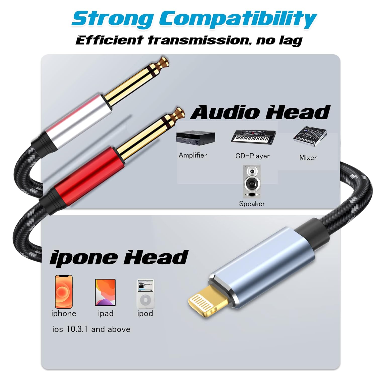 Lightning a Dual 0.250 in 14″ TS Mono Stereo Y-Cable Divisor Lightning a Cable de audio dual de 14 de pulgada compatible con iPhone1211XXSXR87iPad,