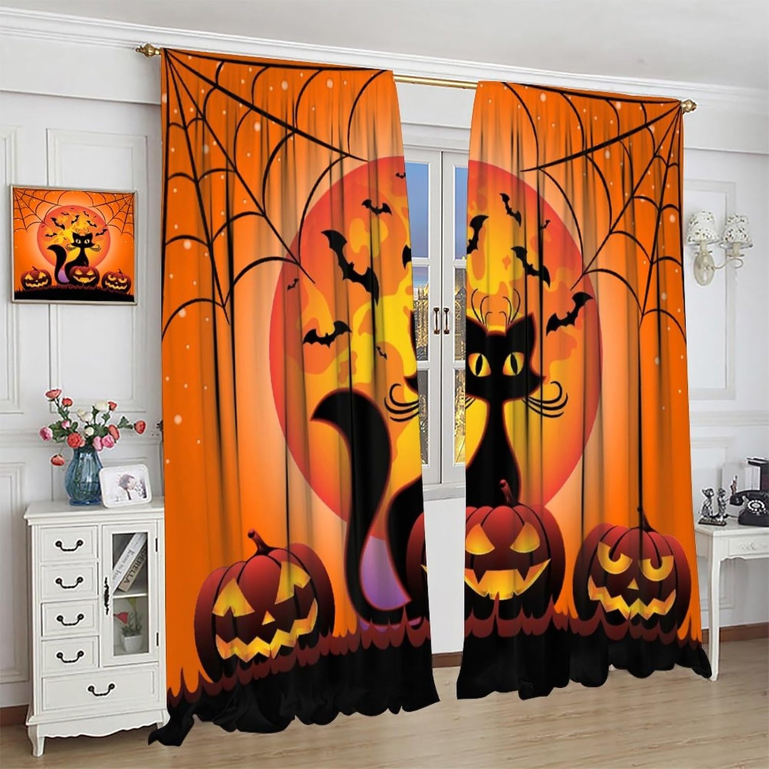 Cortinas de Halloween con diseño de gato negro, murciélagos góticos, araña, terror, fantasma, naranja, luna llena, noche de feliz Halloween,
