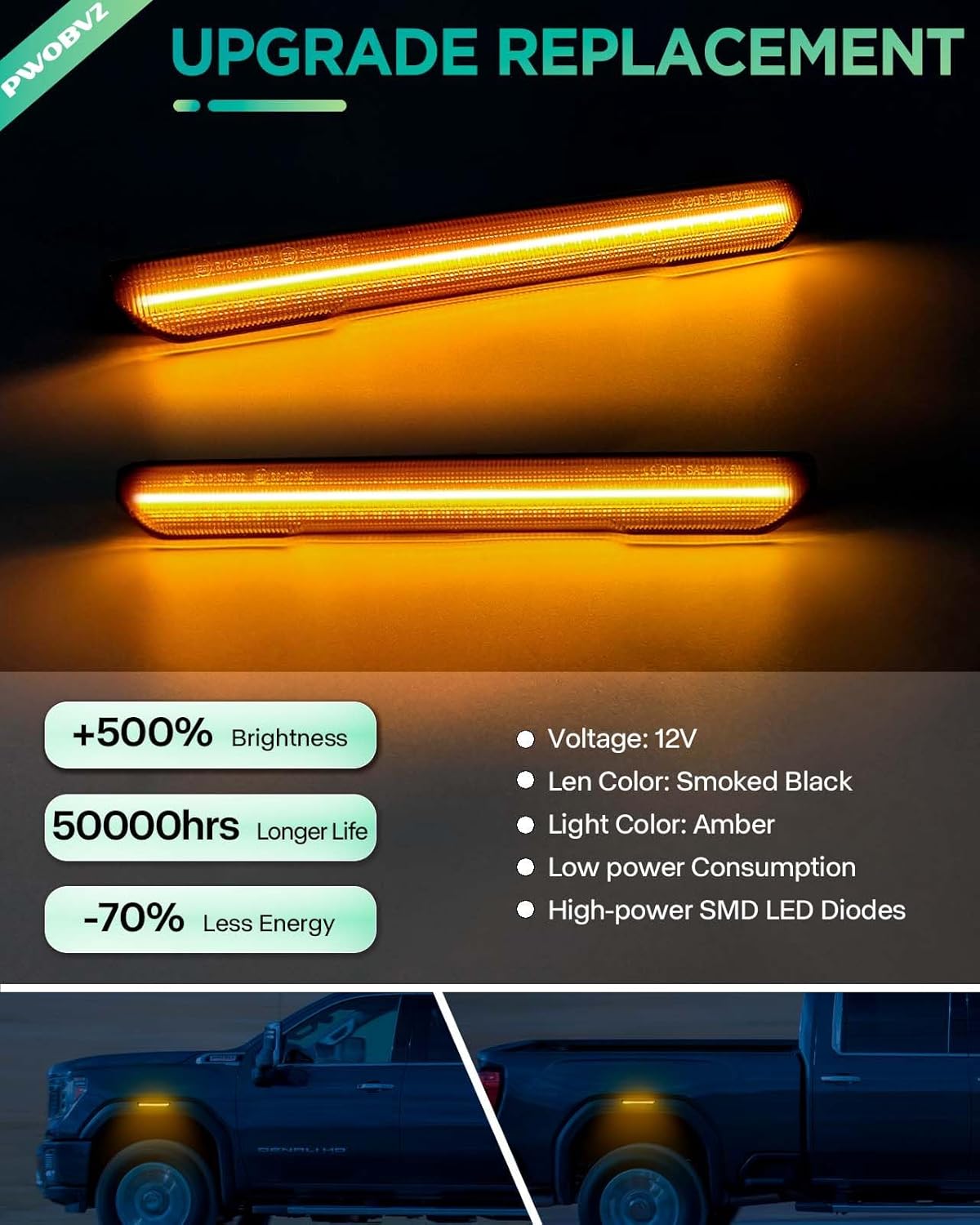 PWOBVZ Luz de marcador lateral LED ámbar con lente ahumada para camioneta GMC Sierra 2500HD 3500HD 2020 2021 2022 2023 2024, lámpara de posición de