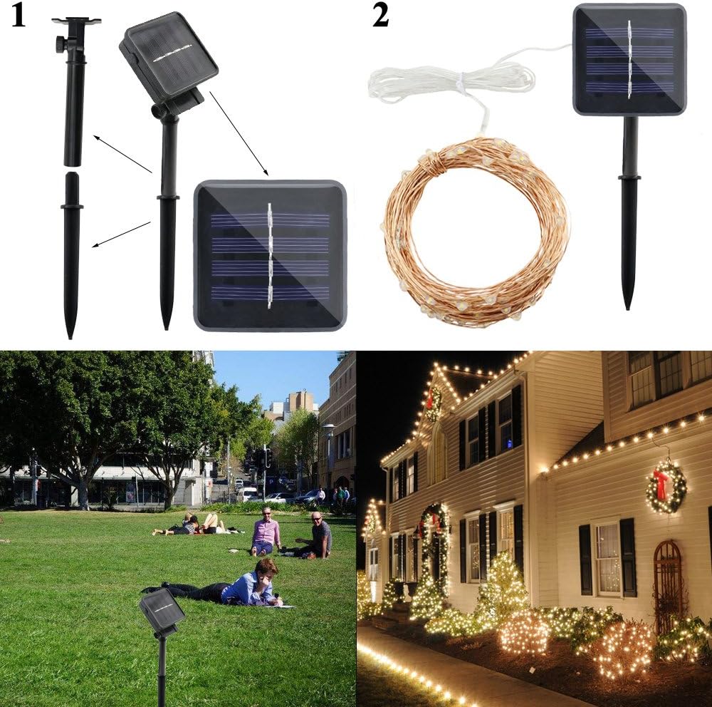 ErChen – Guirnalda de luces LED de alambre de cobre alimentado por energía solar, 33 pies, 100 ledes, impermeable, 8 modos, luces decorativas para