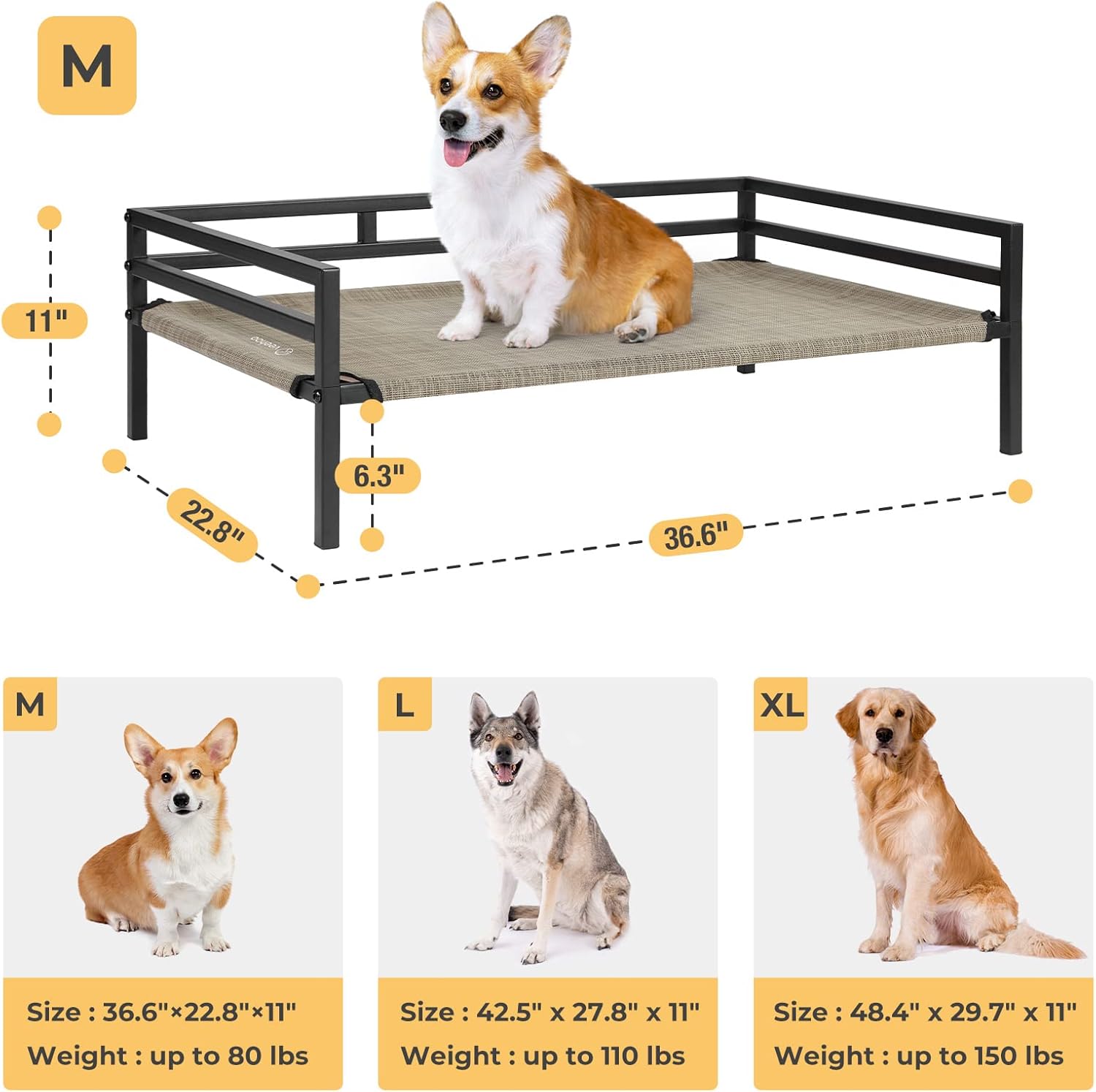 Veehoo Cama elevada de metal para perros, catre elevado para mascotas con malla de textileno lavable a prueba de mordidas, patas antideslizantes y