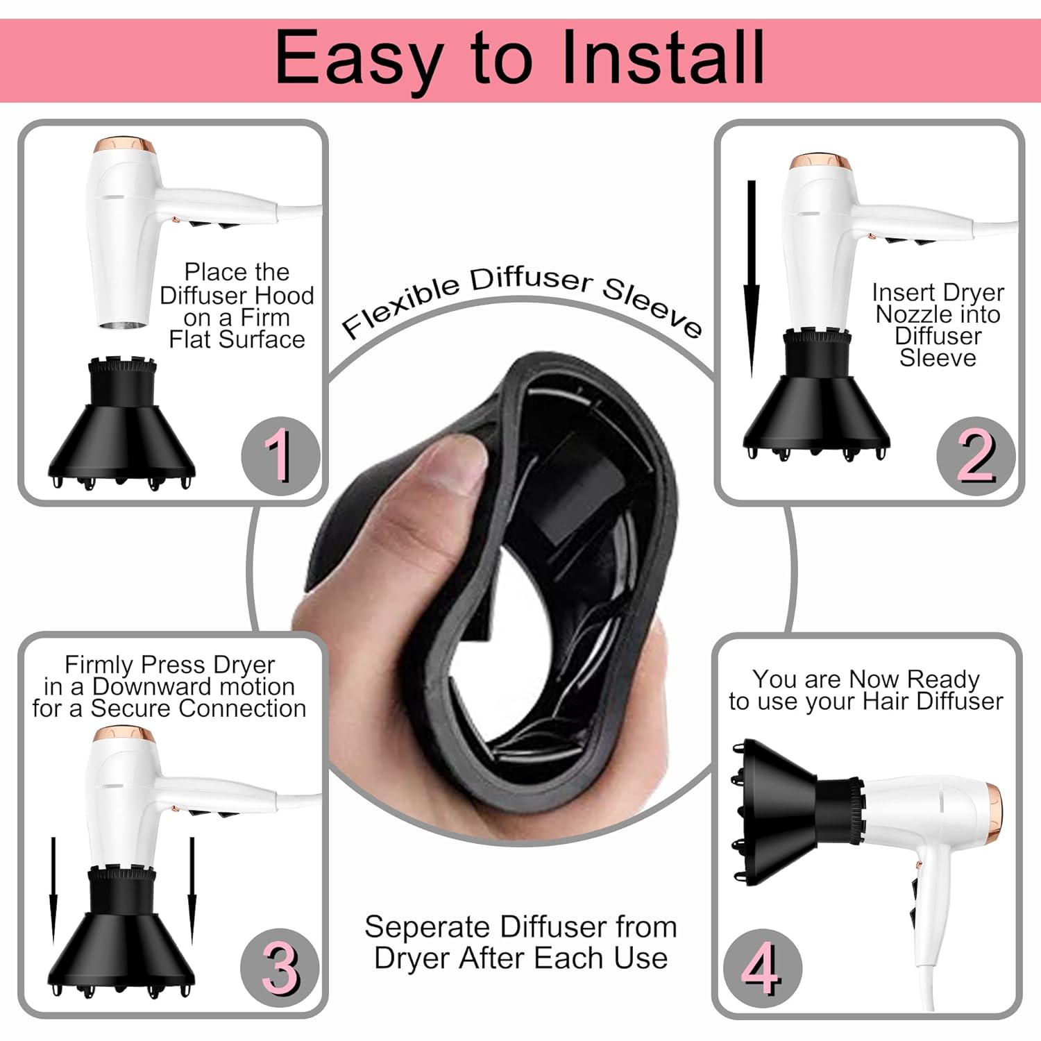 Difusor universal de pelo adaptable para secador de pelo para boquillas de secador de pelo de 1.7 a 2.2 pulgadas de diámetro (negro)