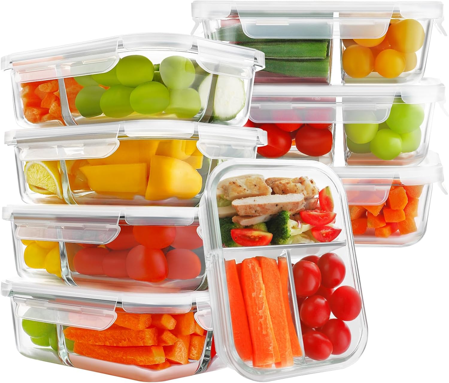 HOMBERKING Paquete de 8 recipientes de vidrio para preparación de comidas, 3 compartimentos, recipientes de vidrio de almacenamiento de alimentos de
