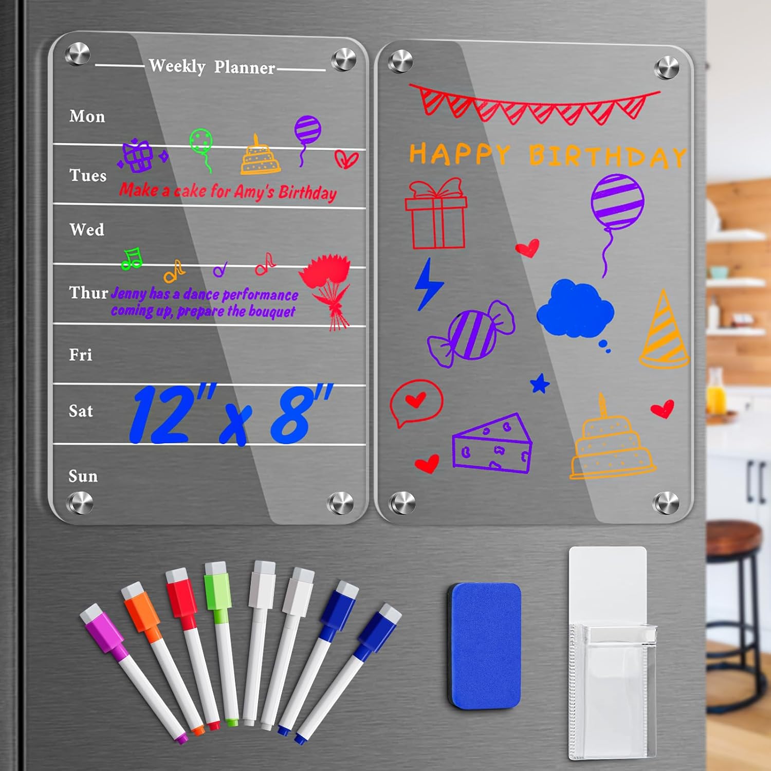 EAONE Calendario magnético acrílico para refrigerador, planificador semanal de borrado en seco transparente de 16 x 12 pulgadas y tablero de notas