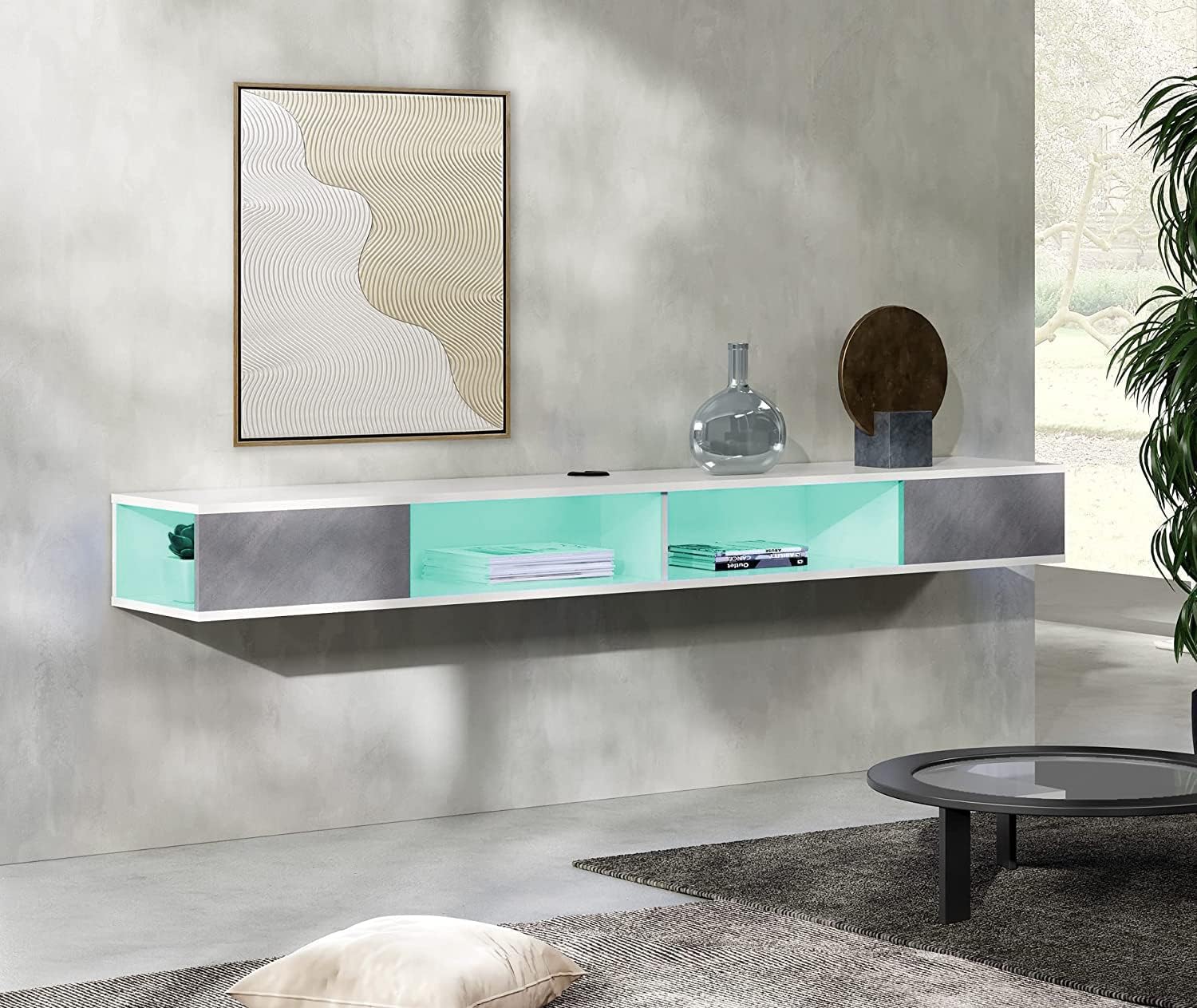 WAMPAT Soporte flotante para TV con 16 luces RGB, centro de entretenimiento flotante de 70 pulgadas de hasta 80 pulgadas, montado en la pared debajo