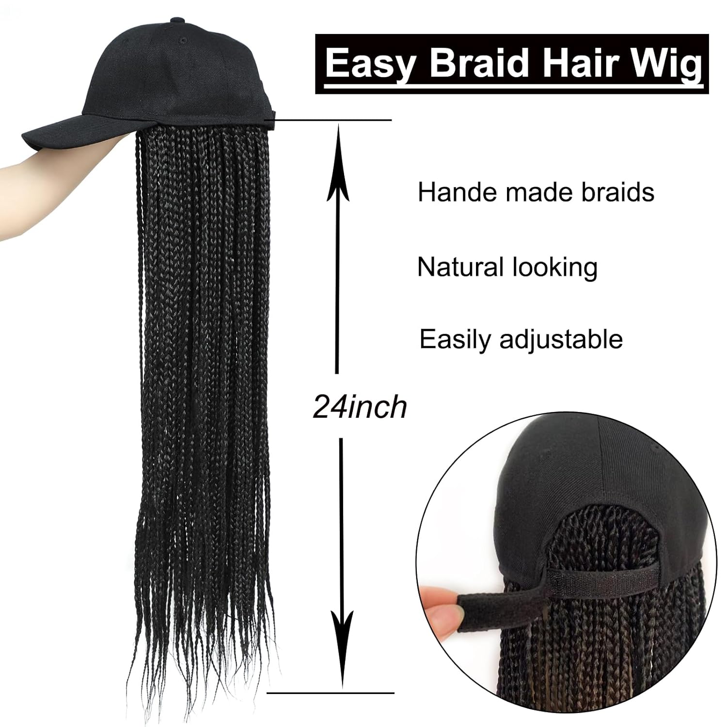 Gorra de béisbol con peluca larga trenzada de color negro, con cabello sintético trenzado para mujeres y niñas (B-negro)