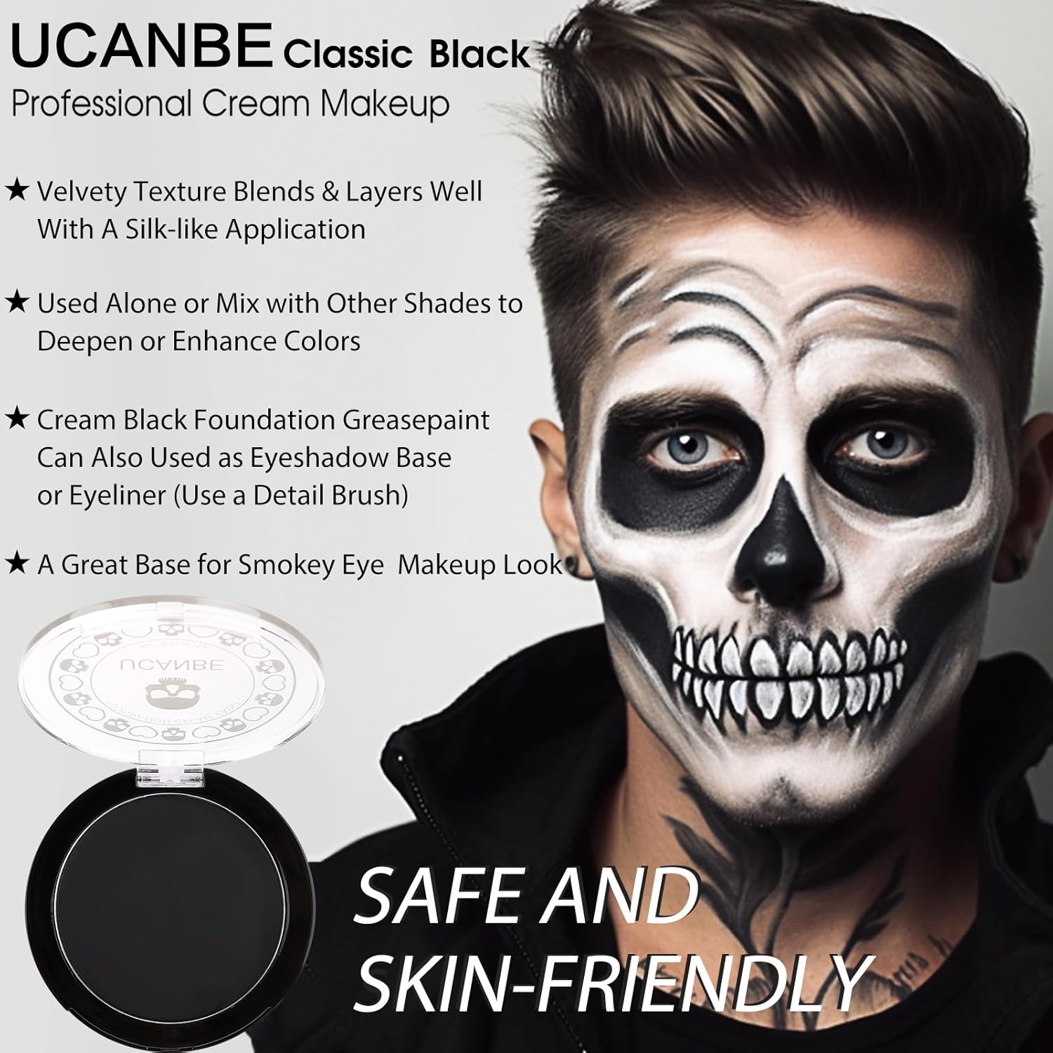 UCANBE Base de maquillaje facial y corporal en crema negra, pintura de grasa profesional no tóxica, paleta de pintura facial para Halloween para