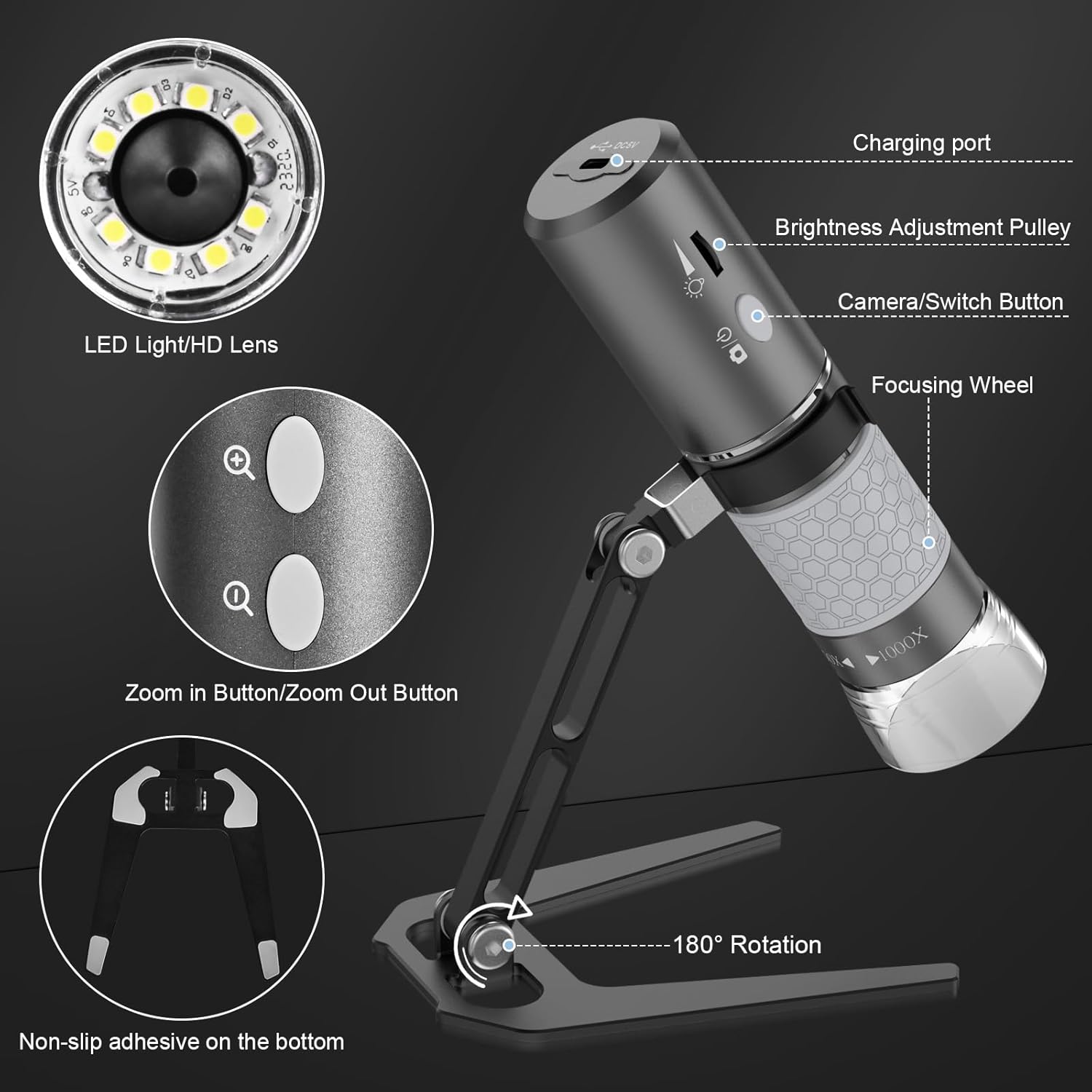 Bysameyee Microscopio digital inalámbrico 4K HD Microscopio Wi-Fi Cámara Lupa digital compatible con iPhone, teléfonos Android y PC (negro)