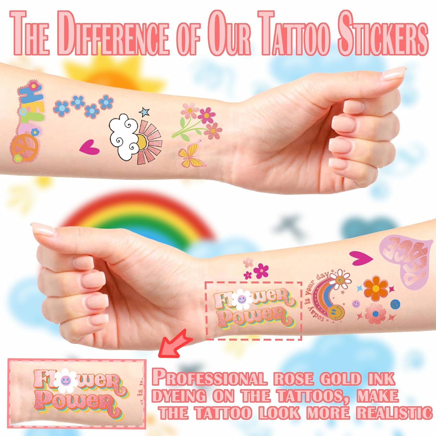 Tatuajes temporales Groovy, 177 tatuajes falsos con purpurina para niños, calcomanías de tatuajes para niños y niñas, diseño de margaritas hippie,