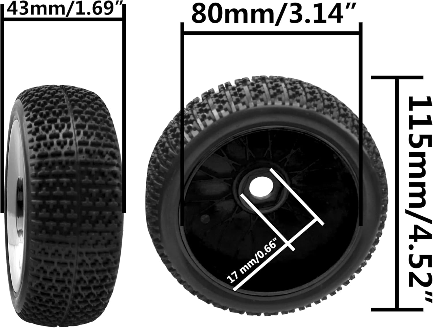 ShareGoo OD 4.52 pulgadas 18 RC Buggy neumáticos de goma con llanta de plástico hexagonal de 0.669 in compatible con Arrma Kyosho Exceed RC Traxxas