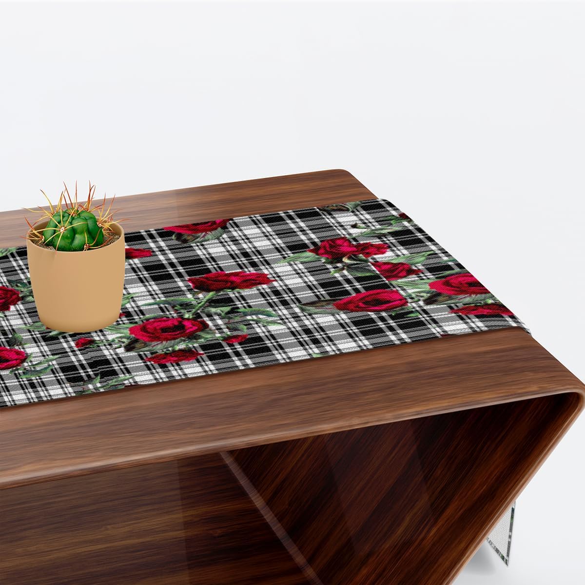 Table Runner Rose Black Plaid Background, Autumn Rustic Linen Table Cloth Kitchen Dining Table Decor for Home Party 13 x 72 Inches