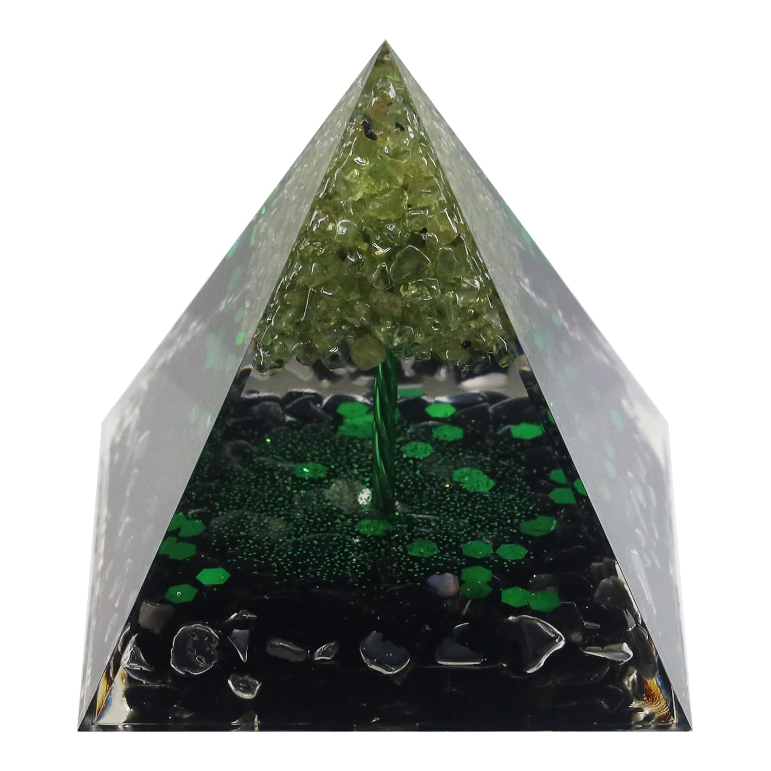 Handmade Crystals Orgone Pyramid, Tree of Life, Peridot & Black Obsidian Orgonite Pyramids Energy Generator, NP01001-01006