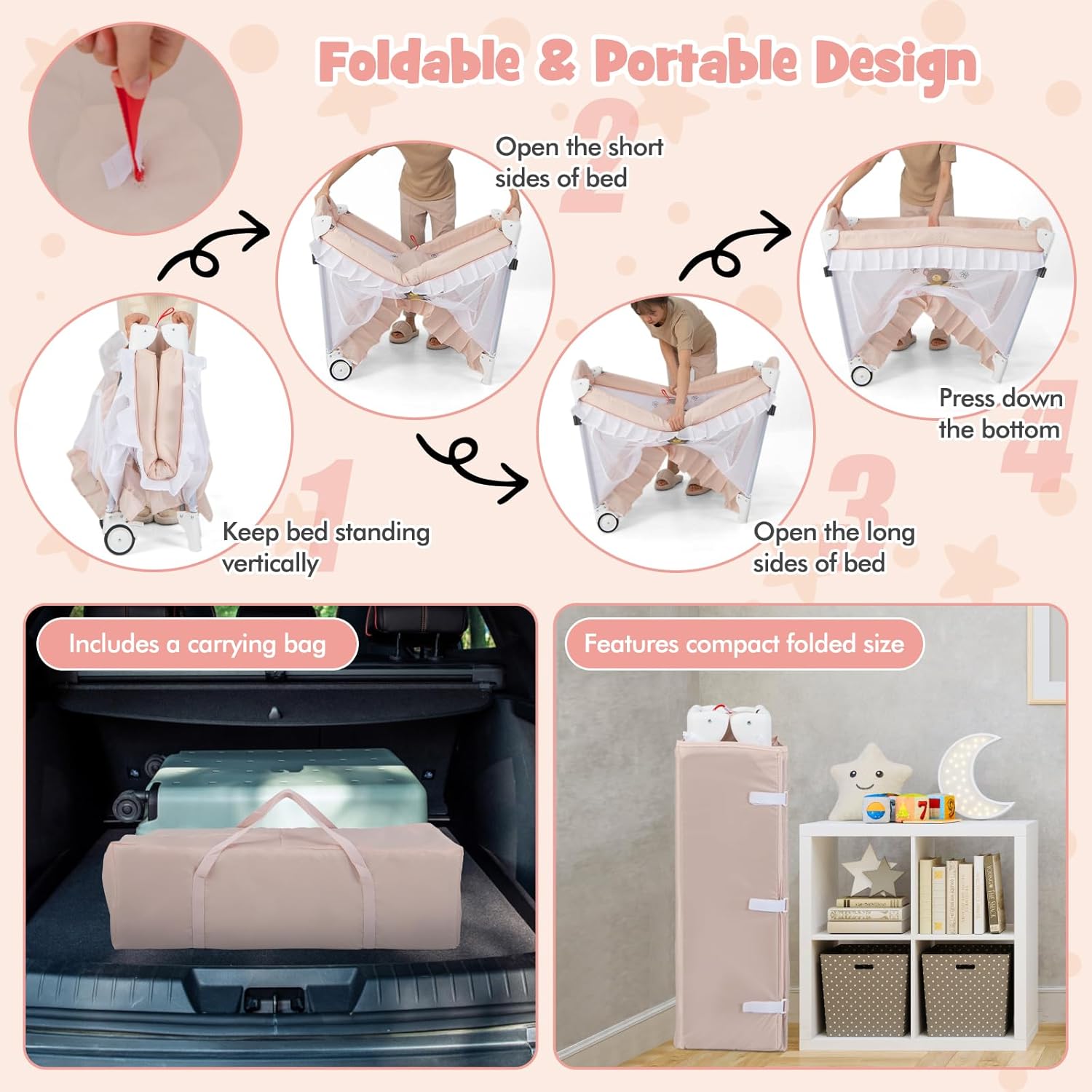 BABY JOY Paquete 4 en 1 con toldo, corralito portátil para bebé con moisés, diseño de entrada con cremallera lateral, ruedas y freno, moisés