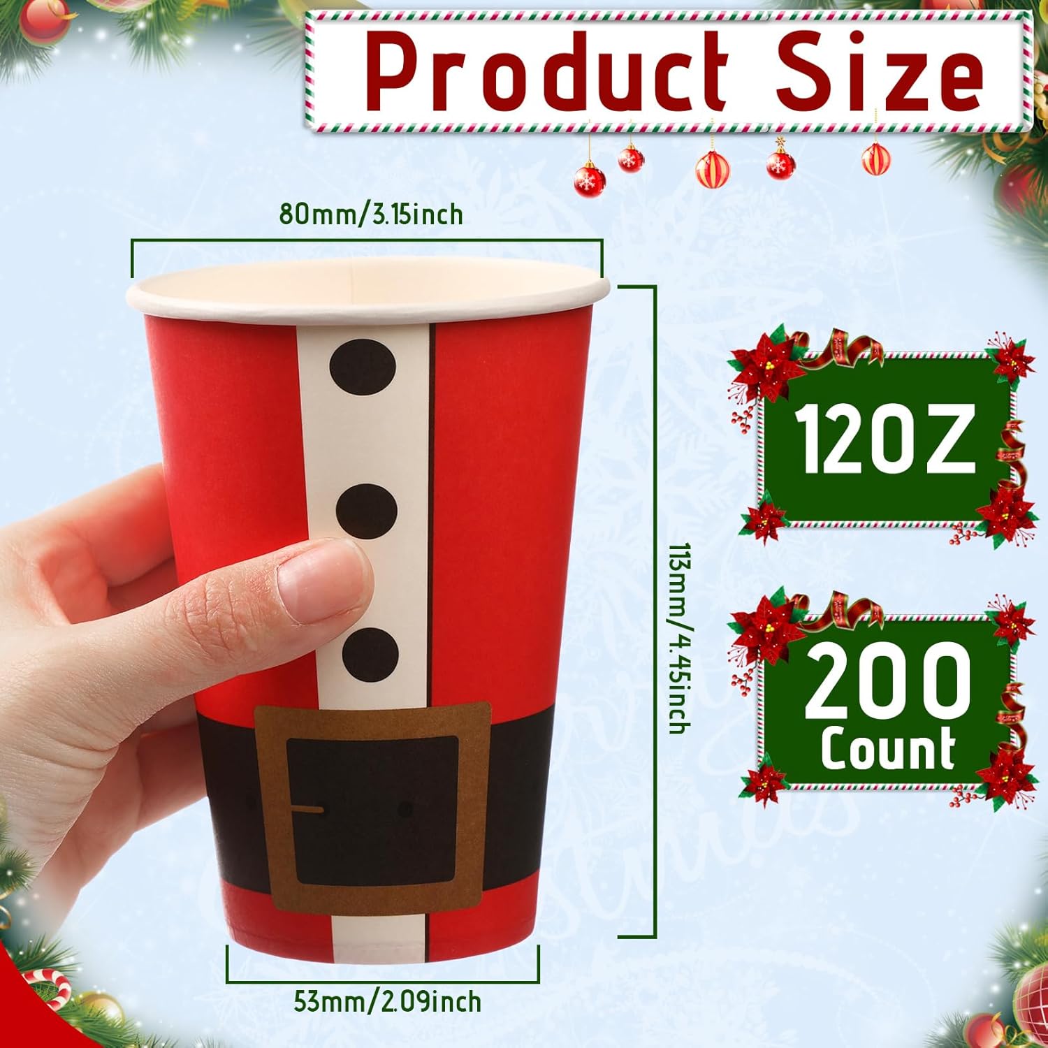 Nuenen 200 tazas de café de Navidad desechables de papel para bebidas navideñas para café, jugo de chocolate, bebidas frías calientes, picnic,