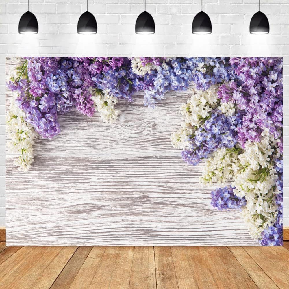 Telón de fondo de madera para bebé recién nacido de 5 x 3 pies, flores moradas lilas, ramo de flores, pared de madera, para niñas y adultos, retrato