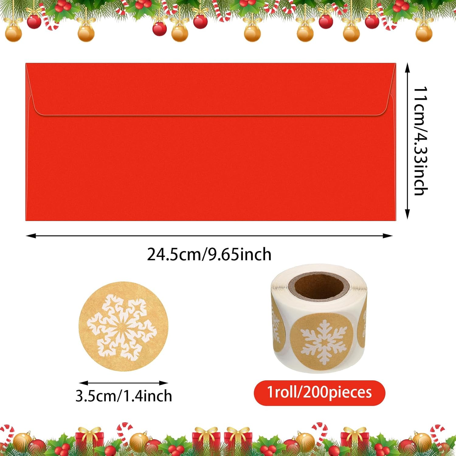100 sobres con el número 10, sobres para tarjetas de regalo con 200 calcomanías de copos de nieve de papel de estraza de Navidad, calcomanías para