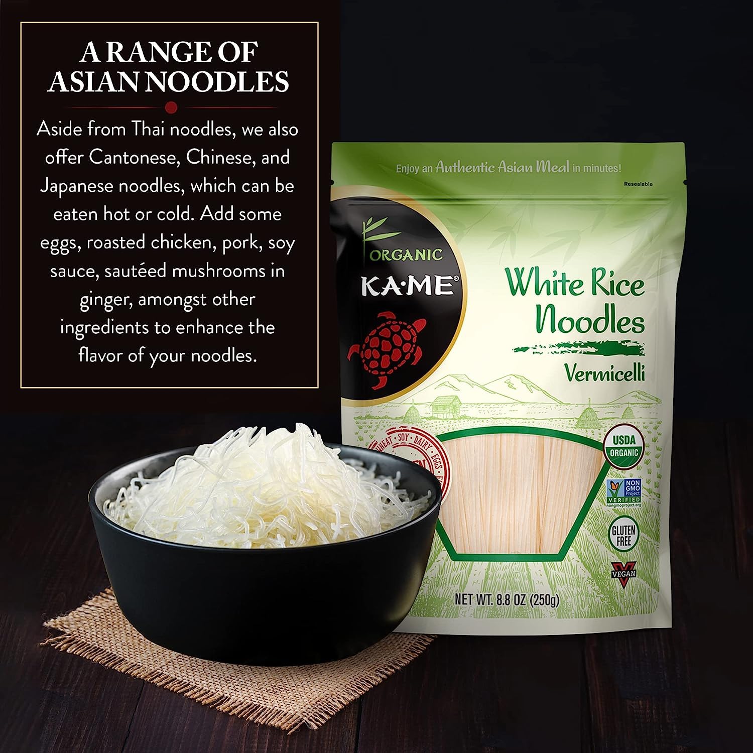 KA-ME Fideos de arroz orgánicos, fideos de calidad premium, sin gluten, sin conservantes ni MSG, un alimento básico tailandés y del sudeste