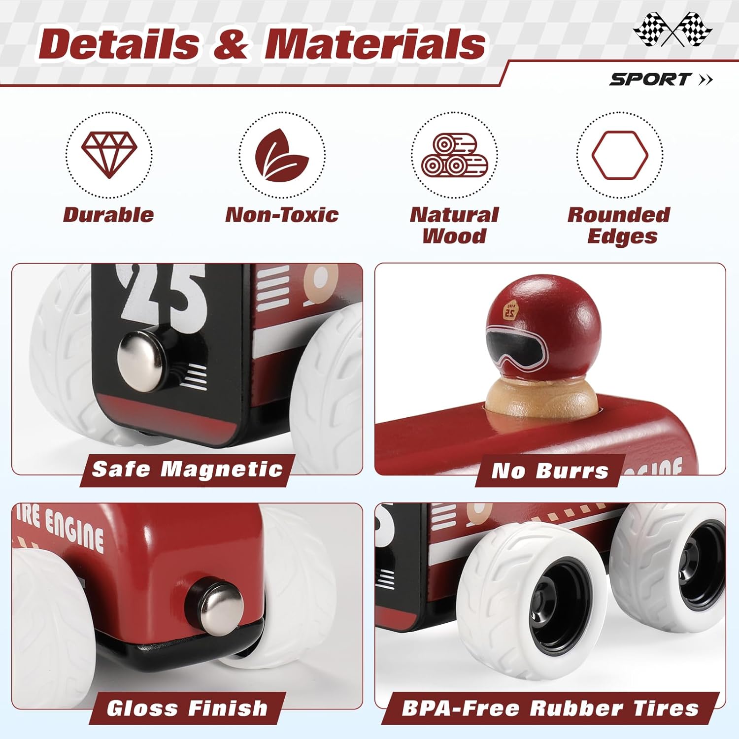 BTB – Coche de madera para tirar hacia atrás, camión de bomberos de juguete, juguete de madera Montessori, auto de juguete clásico retro vintage de