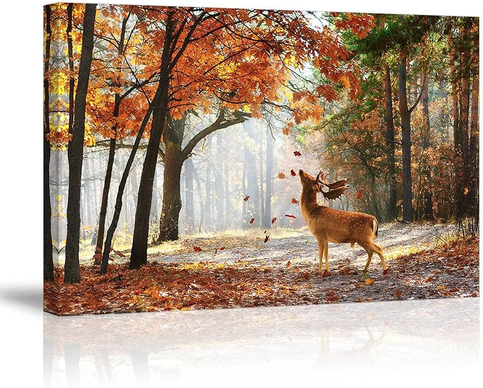 TEKMENT Arte de pared de bosque otoñal de ciervos para sala de estar, hermoso lienzo Sika Wild Animal en la mañana con hojas que caen, decoración de