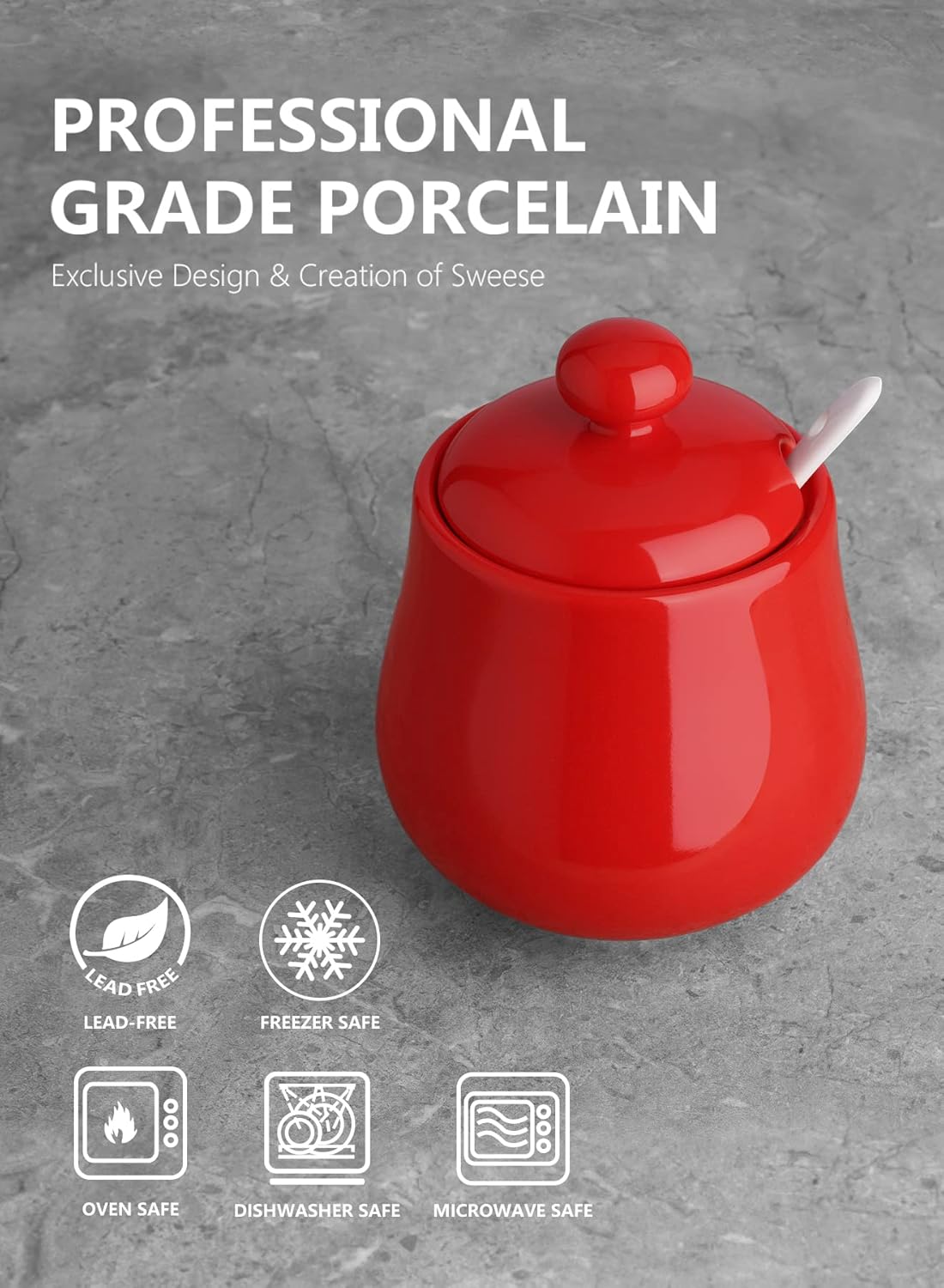 Sweese Azucarero de porcelana de 12 onzas, recipiente de azúcar con cuchara y tapa para el hogar y la cocina, rojo – 481.104