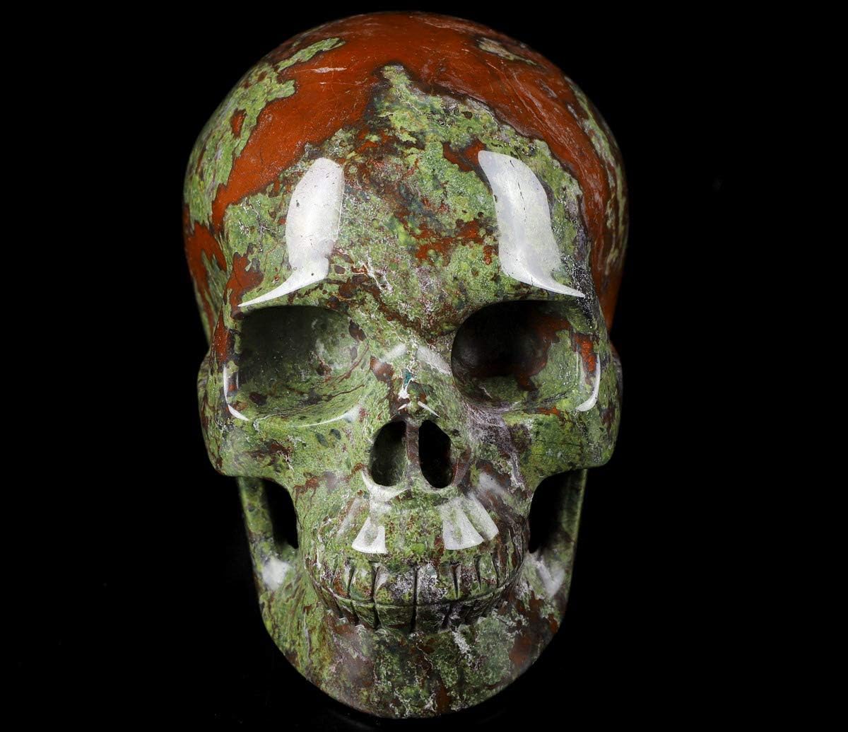 Calavera de cristal de jaspe de sangre de dragón de 5.0 pulgadas, escultura de arte fino de piedras preciosas talladas a mano, estatua de piedra