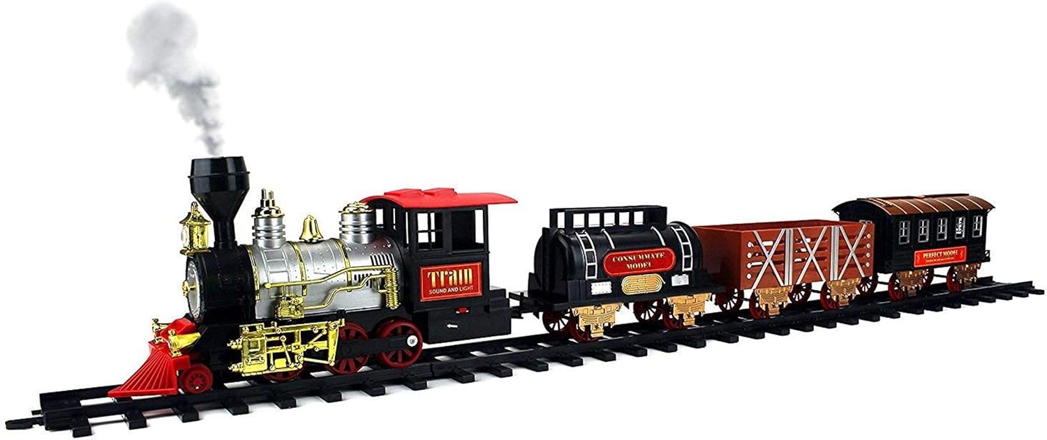 Juego de 20 trenes navideños con 4 vagones de tren, 16 secciones de riel, efectos de luz, sonido y humo, decoración festiva para árbol de Navidad