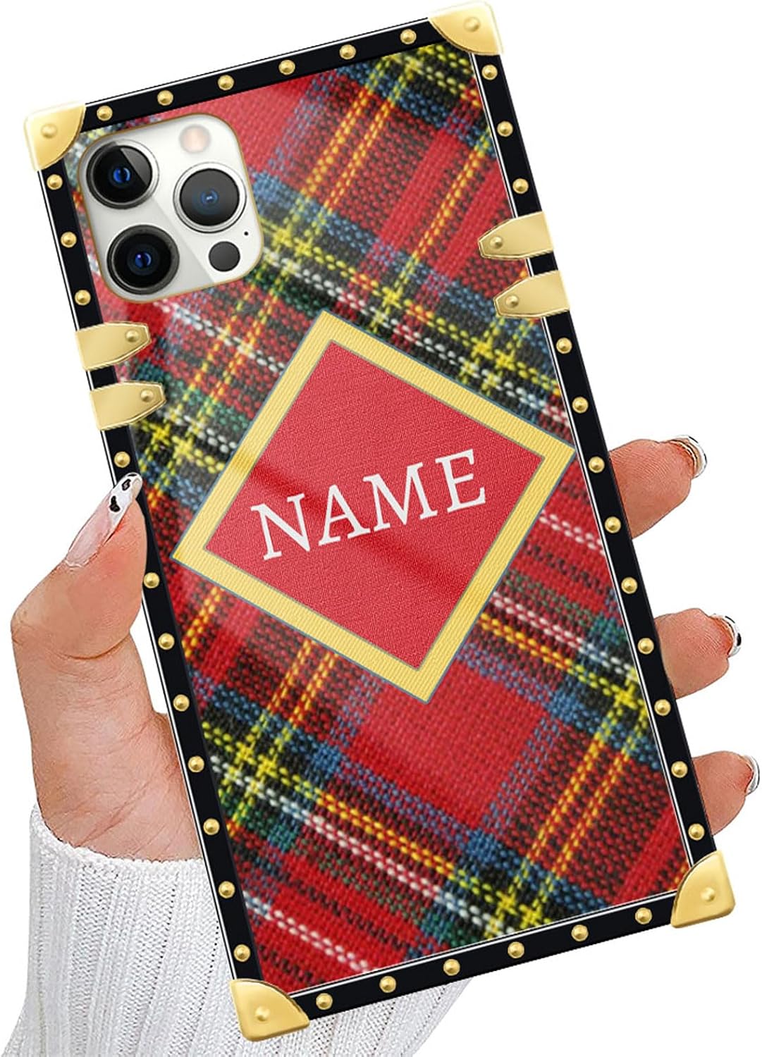 DAIZAG Funda de teléfono a cuadros de Navidad personalizada con nombre personalizado, funda dorada a prueba de golpes para iPhone 15 14 13 12 11 Xs