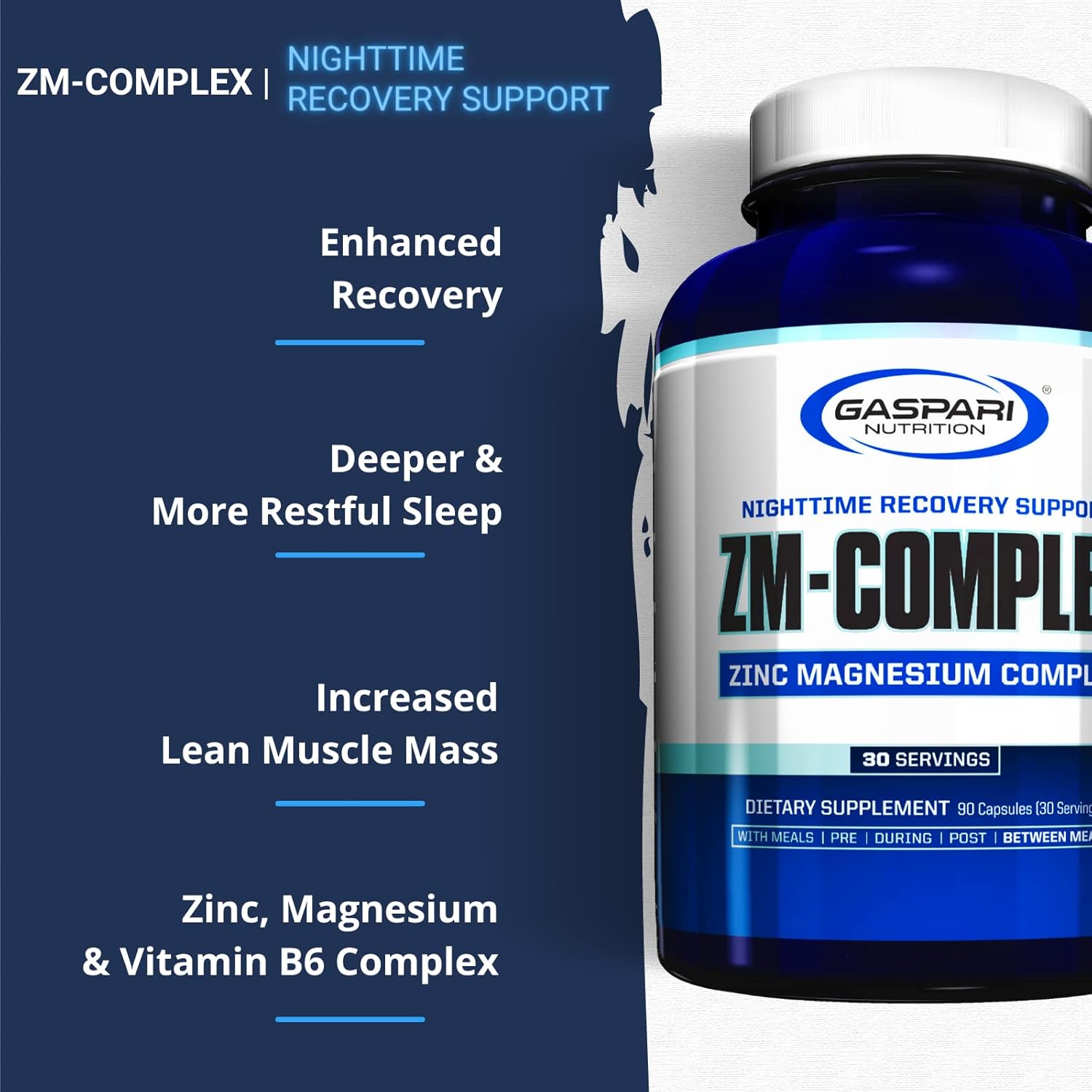 Gaspari Nutrition ZM-Complex recuperación muscular nocturna y apoyo para dormir saludable para hombres y mujeres – Zinc, magnesio, vitamina B-6, 90